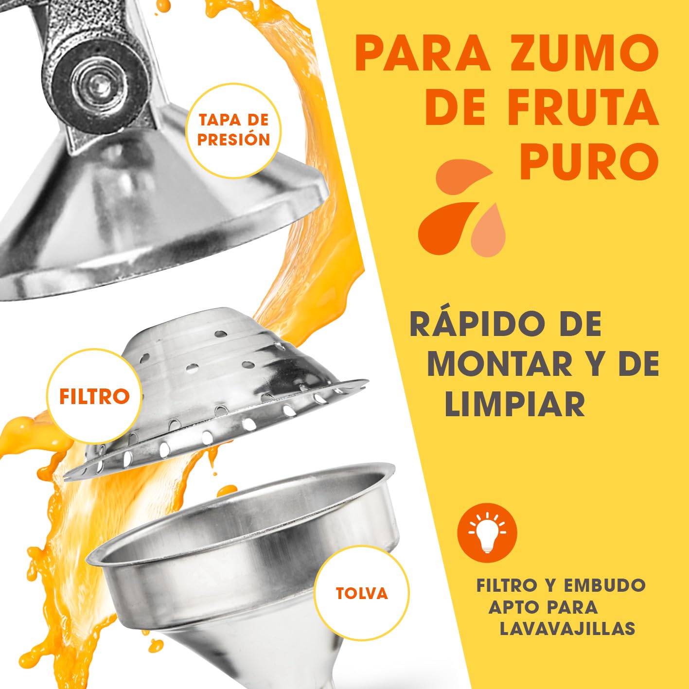 Lumaland Exprimidor manual de acero inoxidable | Exprimidor de cítricos elegante y muy silencioso | Potente para obtener mucho más zumo, simplemente exprima zumos frescos