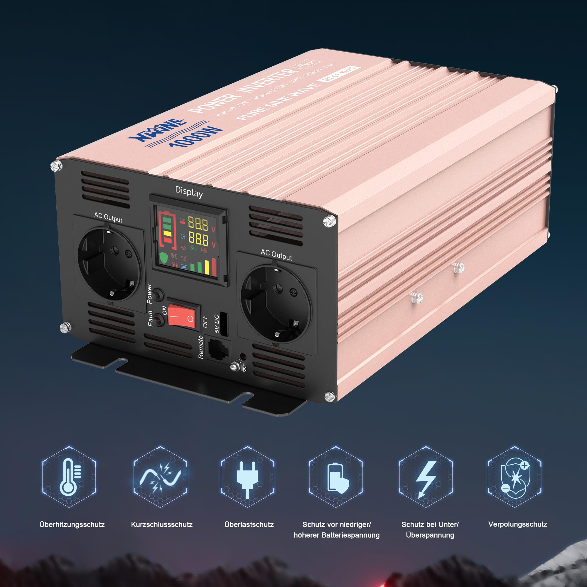 XWJNE Inverter onda sinusoidale pura 1000W/2000W 12V a AC 220/230V Onda Pura Convertitore con telecomando e Display LED Protezione Multipla Trasformatore di Potenza Convertitore