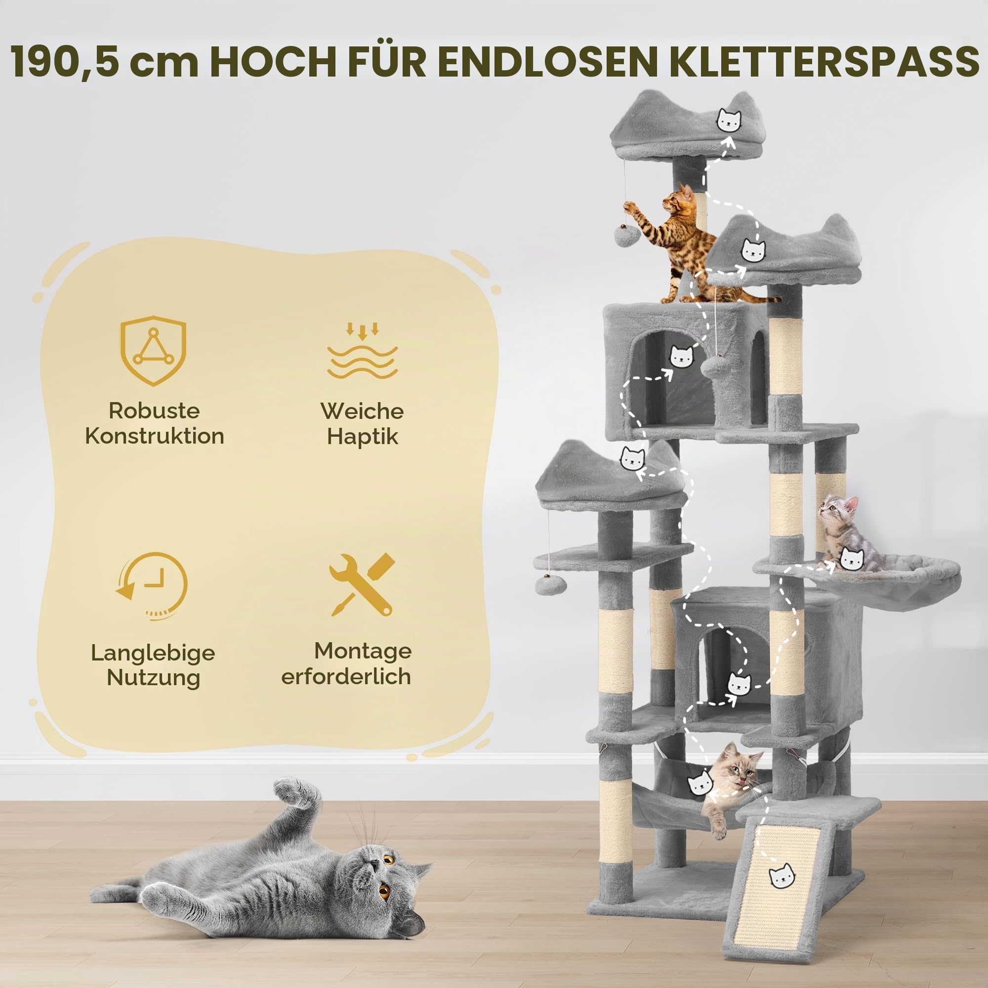 YITAHOME Hoher Kratzbaum, 190 cm, mehrstöckiger Katzenturm mit Sisal-Kratzbäumen und Rampe, Plüsch-Sitzstangen, Hängematte, geräumigen Wohnungen, Katzen-Aktivitätszentrum für Kätzchen, Grau