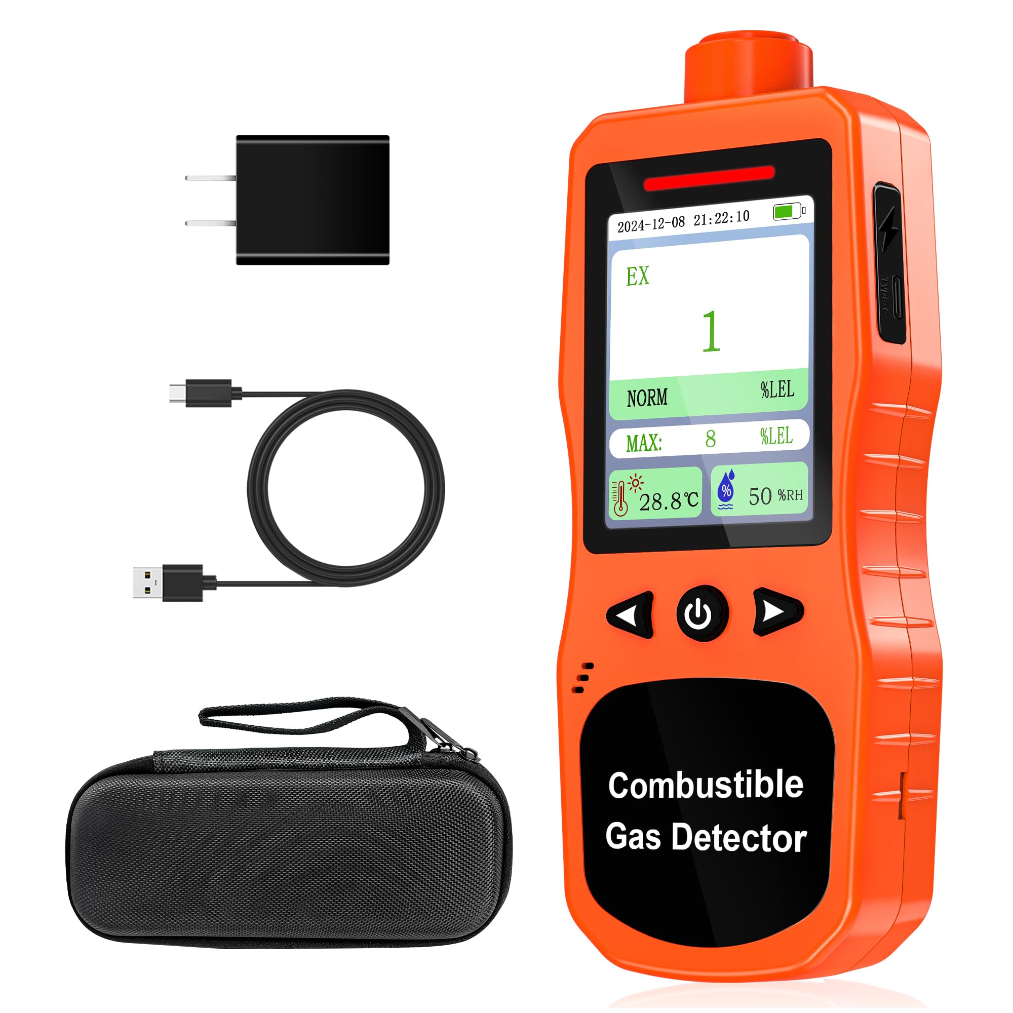Erdgasdetektor für Zuhause & Industrie, Wiederaufladbarer Erdgaswarngerät Gasmelder 0-100% LEL-Monitor, Erkennt Methan, Propan, Butan, Ethan mit Akustischem/Licht-/Vibrationsalarm