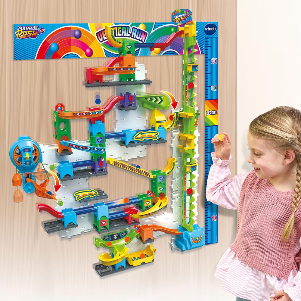 VTech - Marble Rush Ultimate Vertical Run V100E - Circuit à Billes Électronique à la Verticale, 93 Pièces et 10 Billes - Jeu de Construction à Fixer - Cadeau Enfant Dès 6 Ans - Contenu en Français