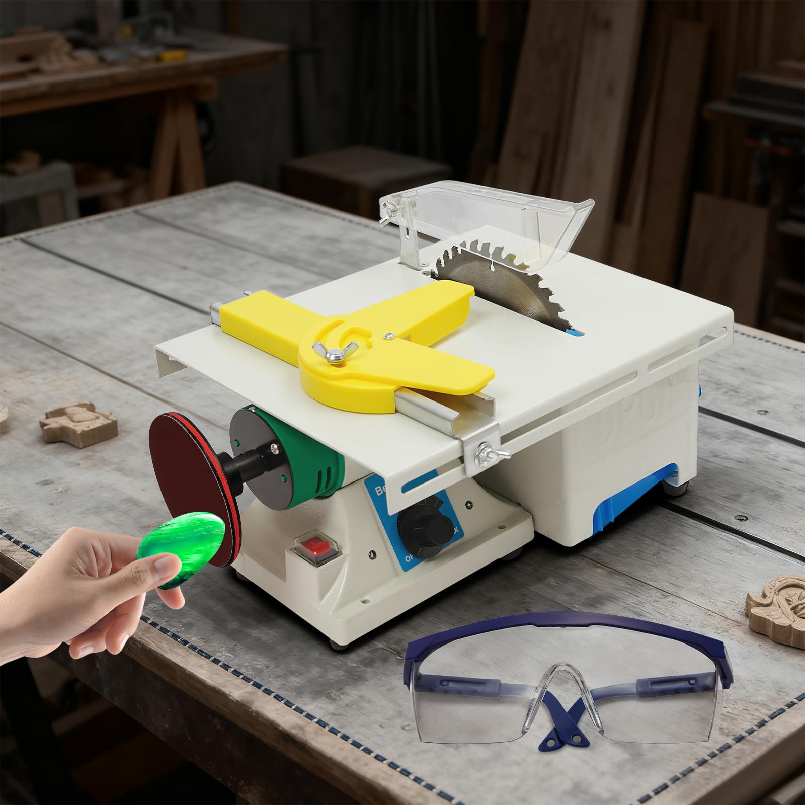 5-in-1 Mini Tischkreissäge, 800-10000RPM Edelstein-Polierschleifmaschine, Multifunktionale Schleifmaschine mit Flexibler Welle, Tischschleifmaschine für Polieren, Schneiden, Polieren, Schleifen