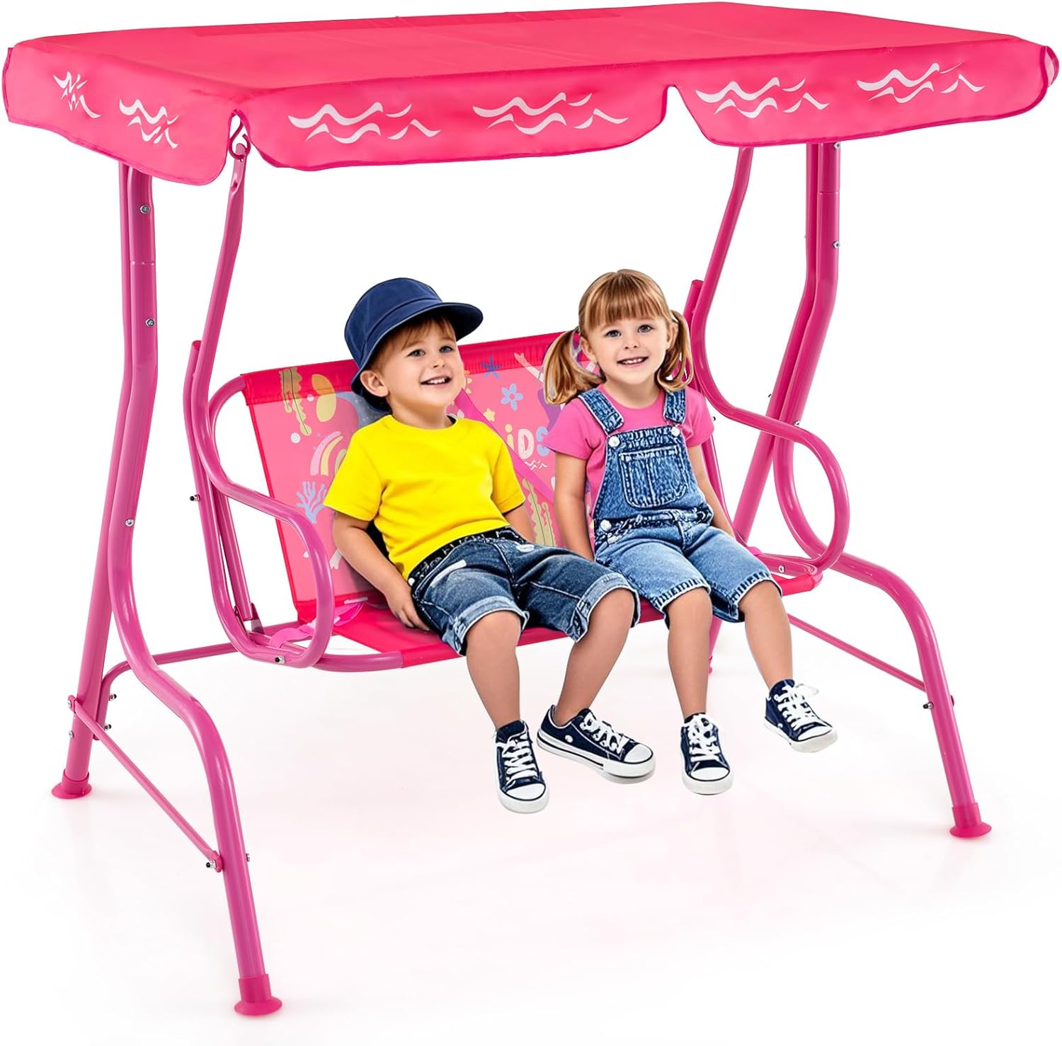 HONEY JOY Columpio de patio para niños, 2 plazas para porche al aire libre, toldo ajustable y cinturón de seguridad, resistente a todo tipo de