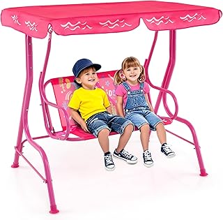 GOPLUS Columpio de Exterior para Niños, Silla Colgante de Porche para 2 Personas con Techo Ajustable y Cinturones de Seguridad, Banco Colgante con Marco Metálico, para Niños de 3+ Años (Rosa)