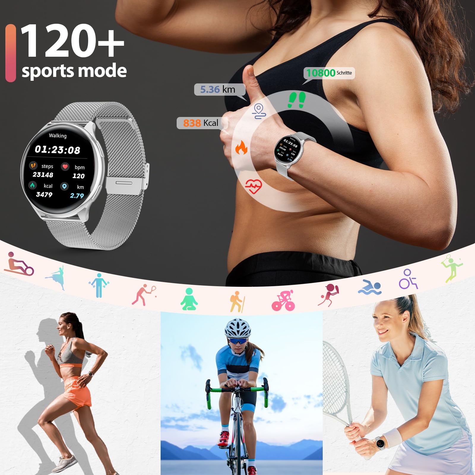 QEYUMYEU 2025 Smartwatch Donna con ET/HRV/SIRI - 1.39" TFT Orologio con Chiamate, 24H Sonno Cardiofrequenzimetro, SpO2, Ciclo Mestruale, IP68, Monitoraggio Fitness, per Android & iOS (Argento)