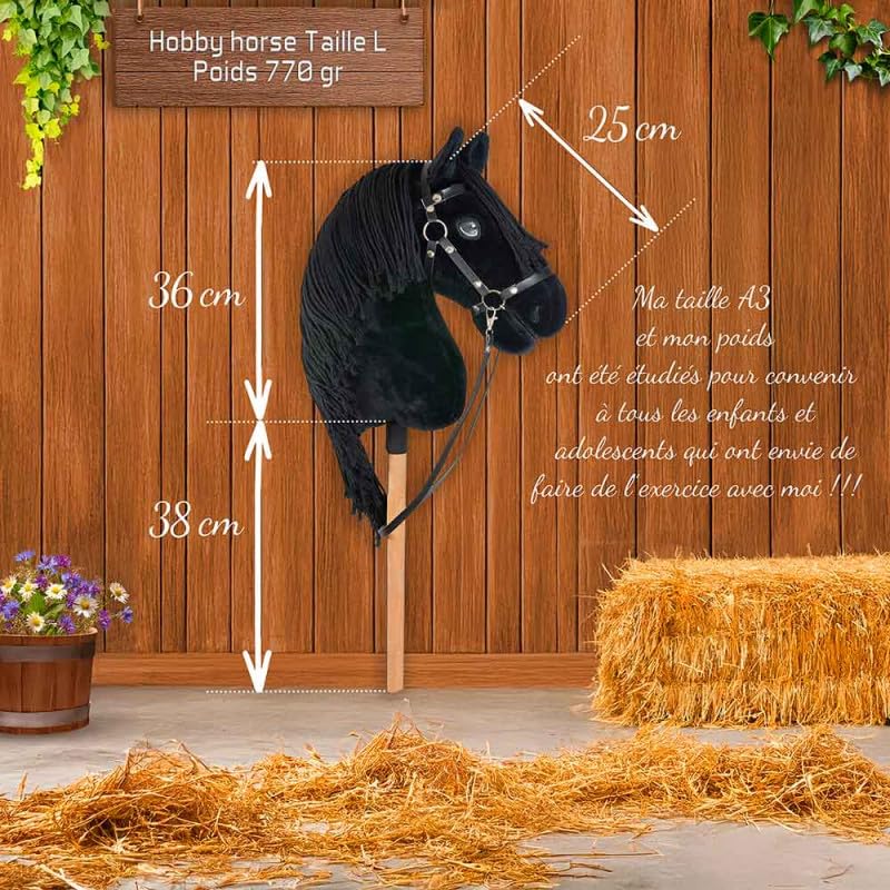 Hobby Horse schwarz A3, Vollstab Pferd mit Netz, Gebiss, Zügel, Halfter und blauer Insektenmütze, Pferdekopf Stab für Hobby Horsing Kinder und Jugendliche – Black Star