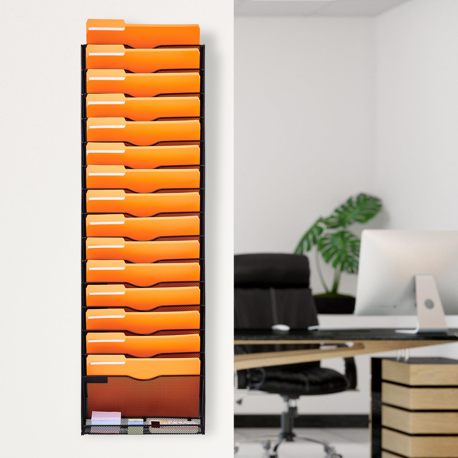 VEVOR Organiseur mural à suspendre - 16 niveaux - Support mural vertical en métal pour magazines, courrier et documents - Avec étiquette de nom, plateau plat inférieur - Pour bureau, maison et école