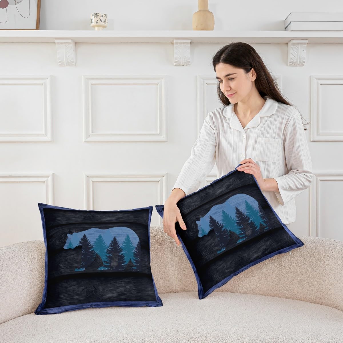 Bear Silhouette Pillow Cover 24x24 Inch Jungle Wild Animal Pine Tree Decor Cushion Case for Living Room Sofa Rustic Farmhouse Style Square Cushion Cover for Kids Boys Girls Blue
