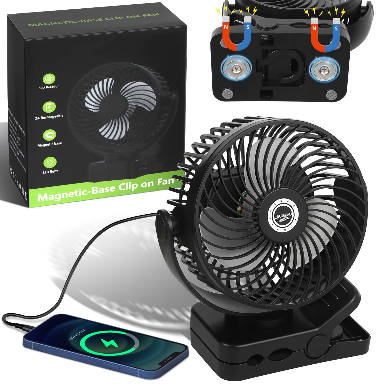 6 inch Magnetic Cruise Fan with 12000mAh Rechargeable Battery 3-Speed Control LED Light Timer Clip Power Output Ship-Approved