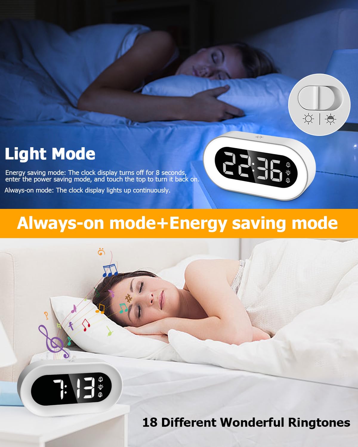 Elektroniczny budzik, stolik nocny biały