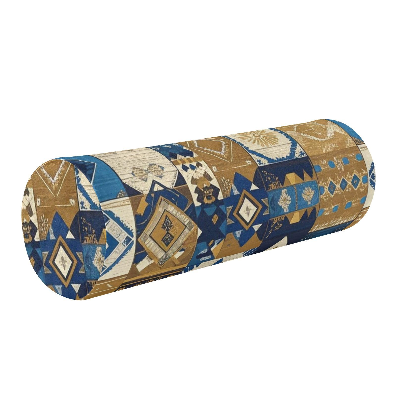 Oreiller rond pour dormir dans la chambre avec taie cylindre boho bleu et or