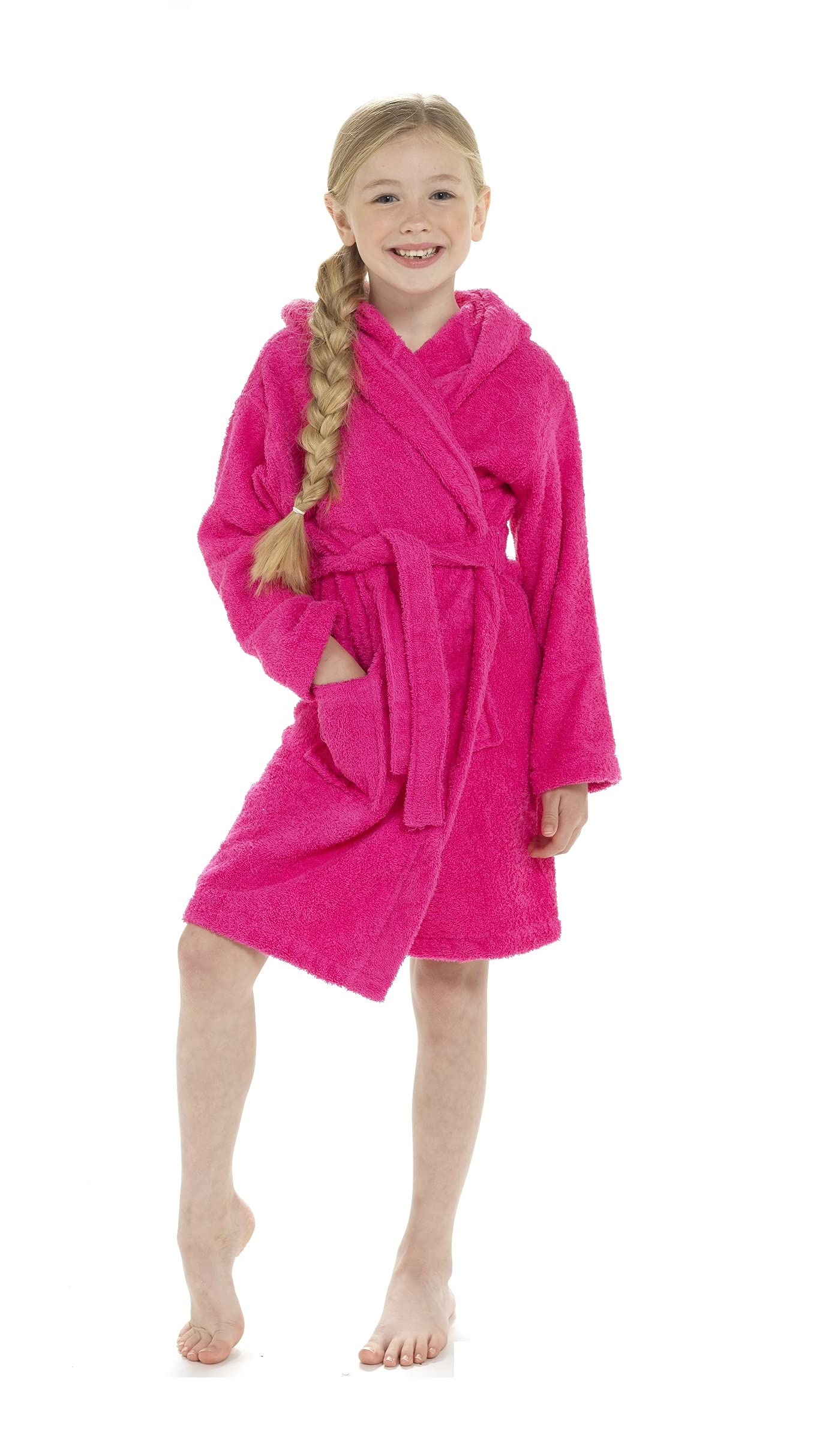Stc Stores Hot Pink Childrens Plain 100% Cotton Hooded Terry Towelling Bath Robe/Dressing Gown (, 13 Years)