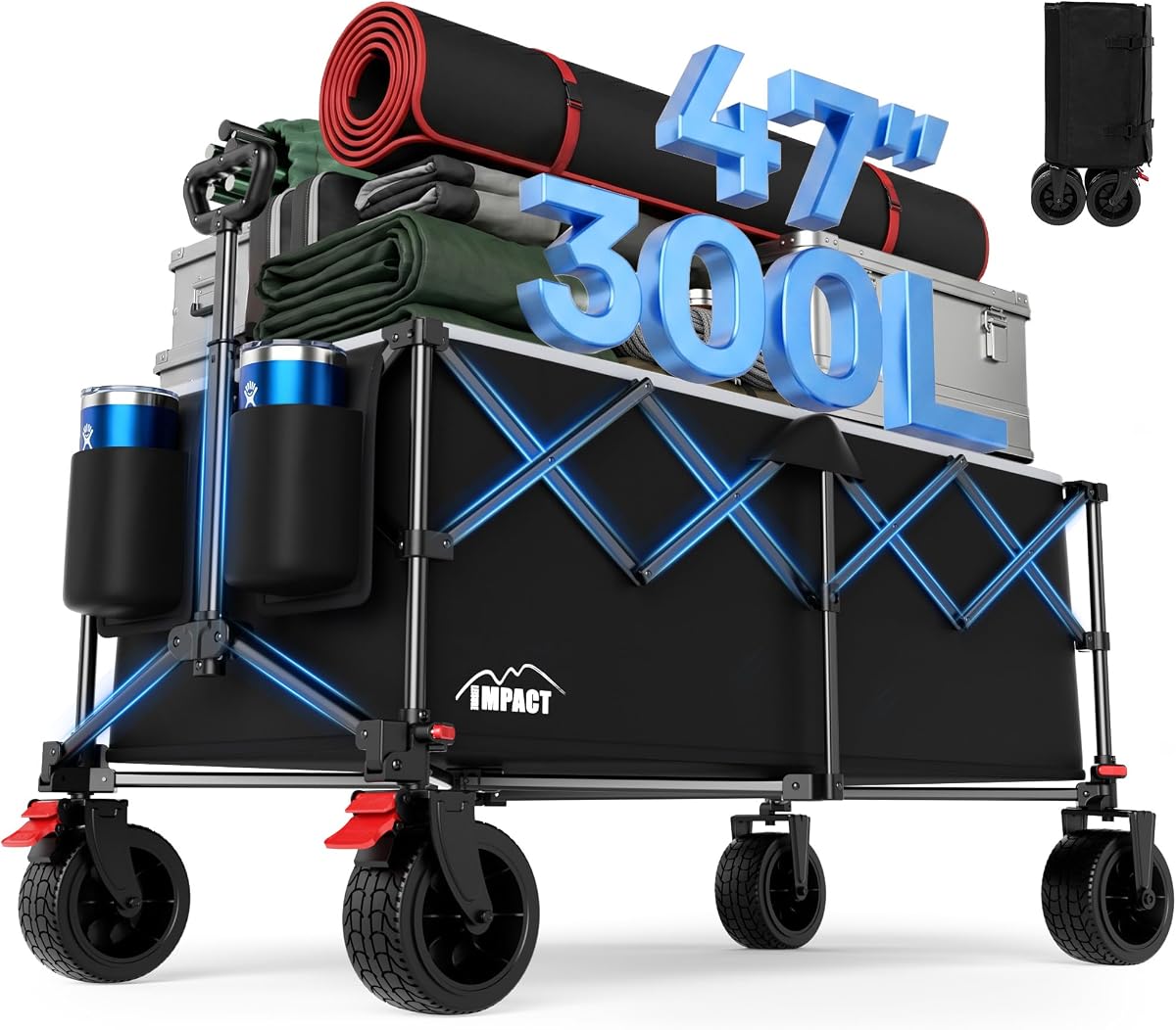 Carrito plegable de 47 pulgadas, capacidad de 300 L, tamaño plegado compacto | Carro utilitario resistente de 330 libras, tela y ruedas extraíbles, portavasos, para ir de compras, acampar, deportes y mudanzas