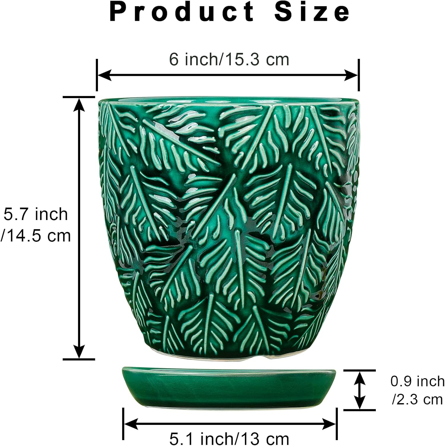 Ceramic Plant Pots, 6 Inch Indoor Plant pots with Drainage Hole and Saucer, Flower Pots, Leaf Embossed - Green Glaze, Set of 2