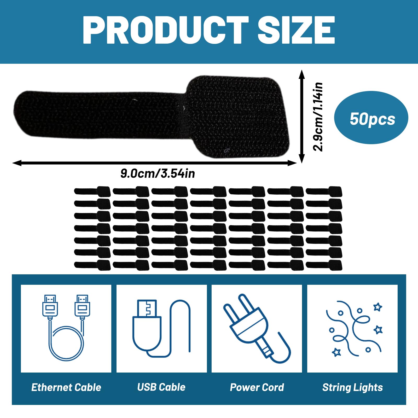 50PCS Under Desk Cable Management, Self Adhesive Cable Tidy Clips Straps, Hook and Loop Cable Ties for Wire Organiser, Cord Management, Under Desk Storage, Black - Image 2