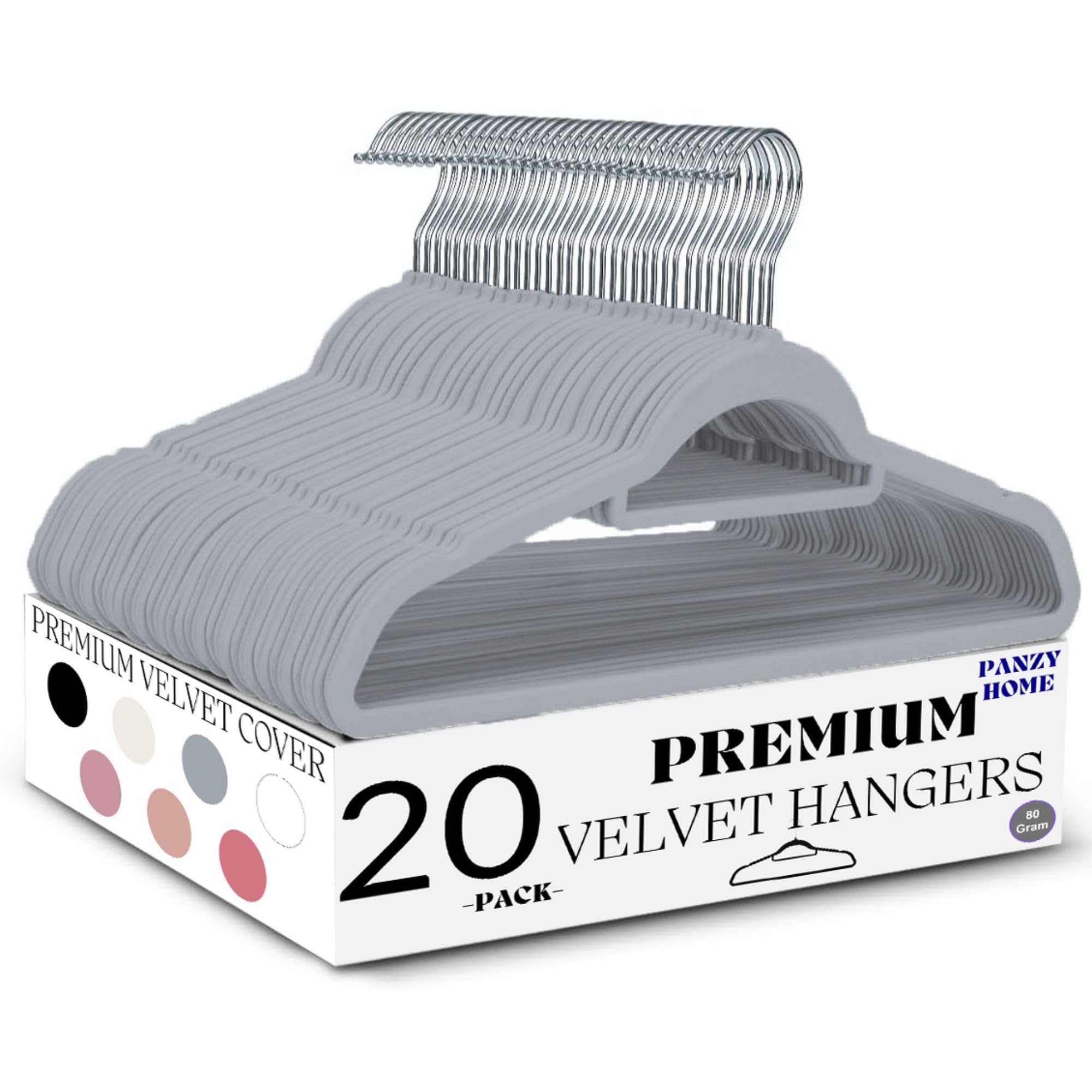 Panzy Home 20 Pack Grey 20 Velvet Hangers Non-Slip Clothes Coat Hangers Coat With Tie Bar And 360° Swivel Hook Space-Saving 0.6 Cm Thick 43.5 Cm Long, For Dresses Trousers