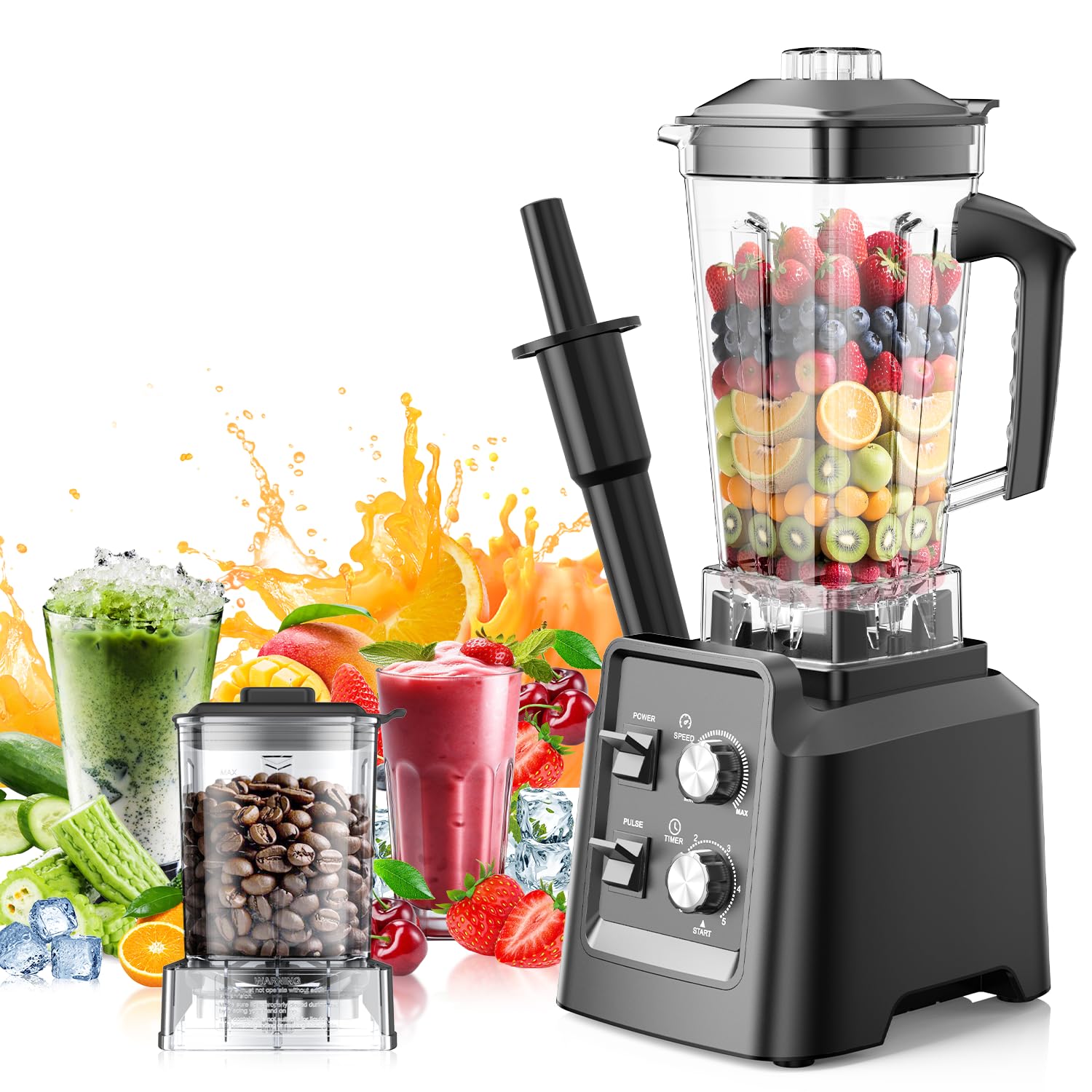 Blender for Smoothies, Blender with 68Oz. Pitcher & 20Oz. Grinder, 28000 RPM Blenders for Kitchen, Ice Crushing, Frozen Fruits, Blending, Black image 1