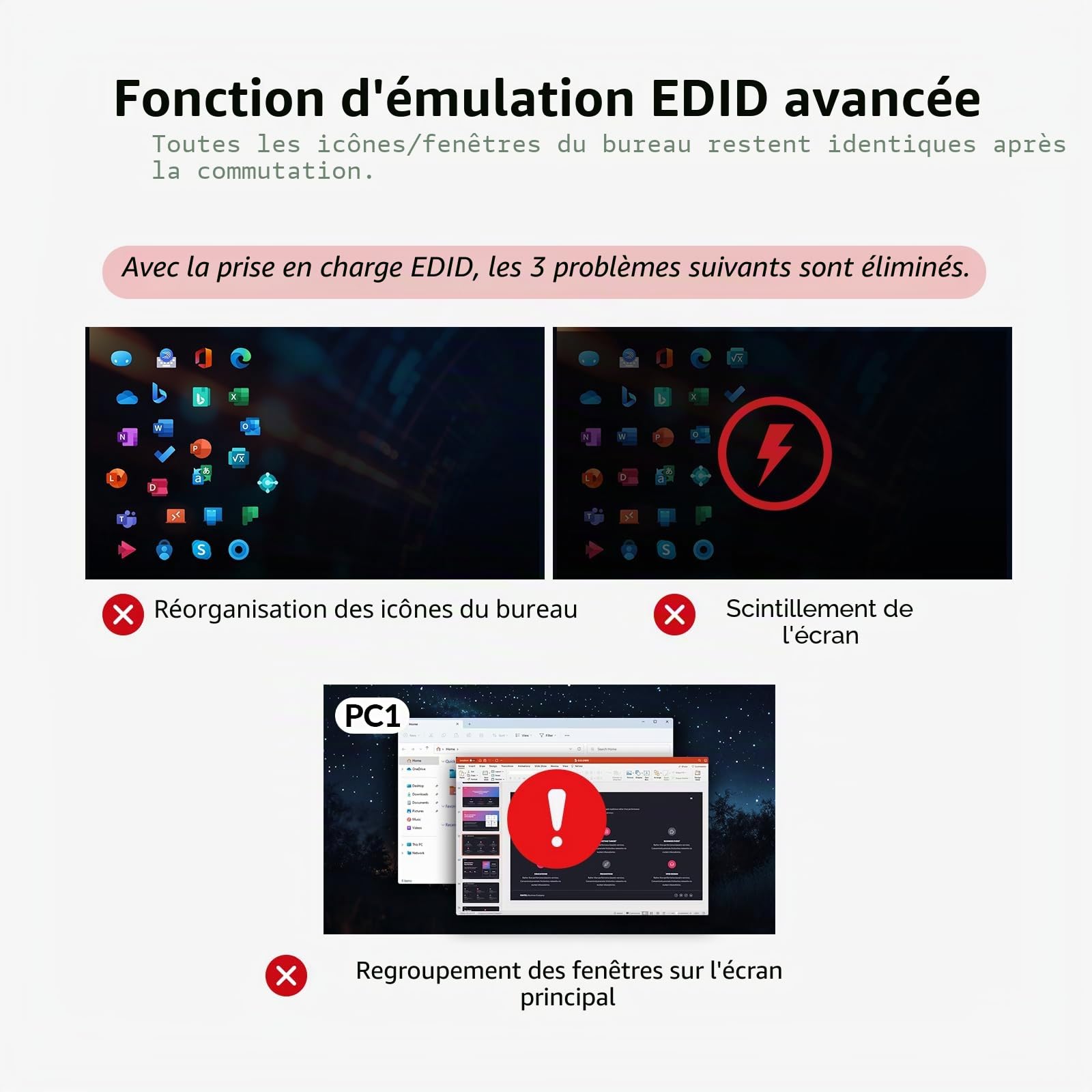 AV Access Station d'accueil Commutateur KVM pour 1 ordinateur portable et 2 PC de bureau, double moniteurs 4K@60Hz, émulation EDID, charge USB-C 100W,1G Gigabit, taux de rafraîchissement élevé