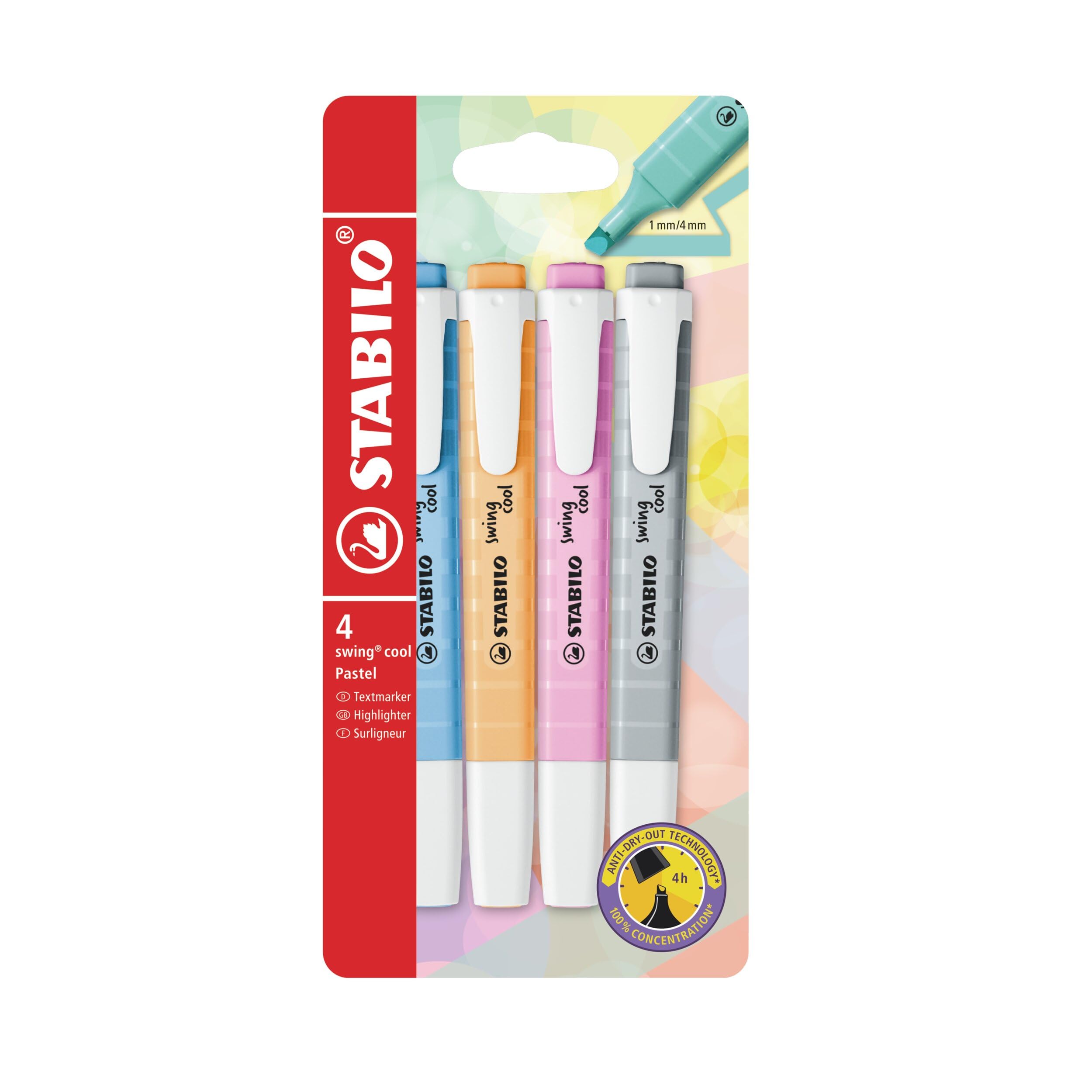 STABILO swing cool Pastel - Highlighter - Pack of 4 - Dusty Grey, Frozen Fuchsia, Breezy Blue, Pale Orange