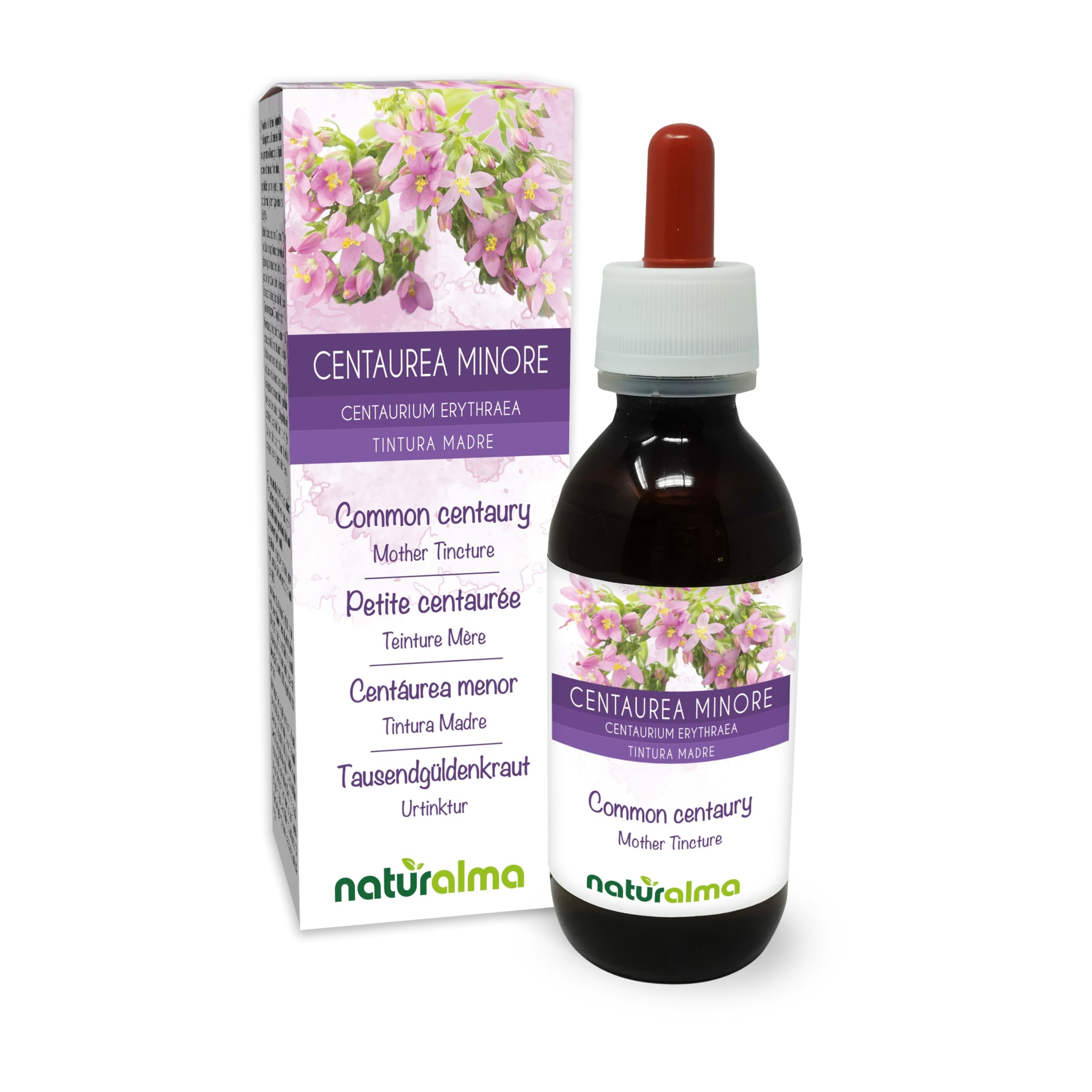 Tausendgüldenkraut (Centaurium erythraea) Kraut mit Blüten Alkoholfreier Urtinktur Naturalma - Flüssig-Extrakt Tropfen 120 ml - Nahrungsergänzungsmittel - Veganer