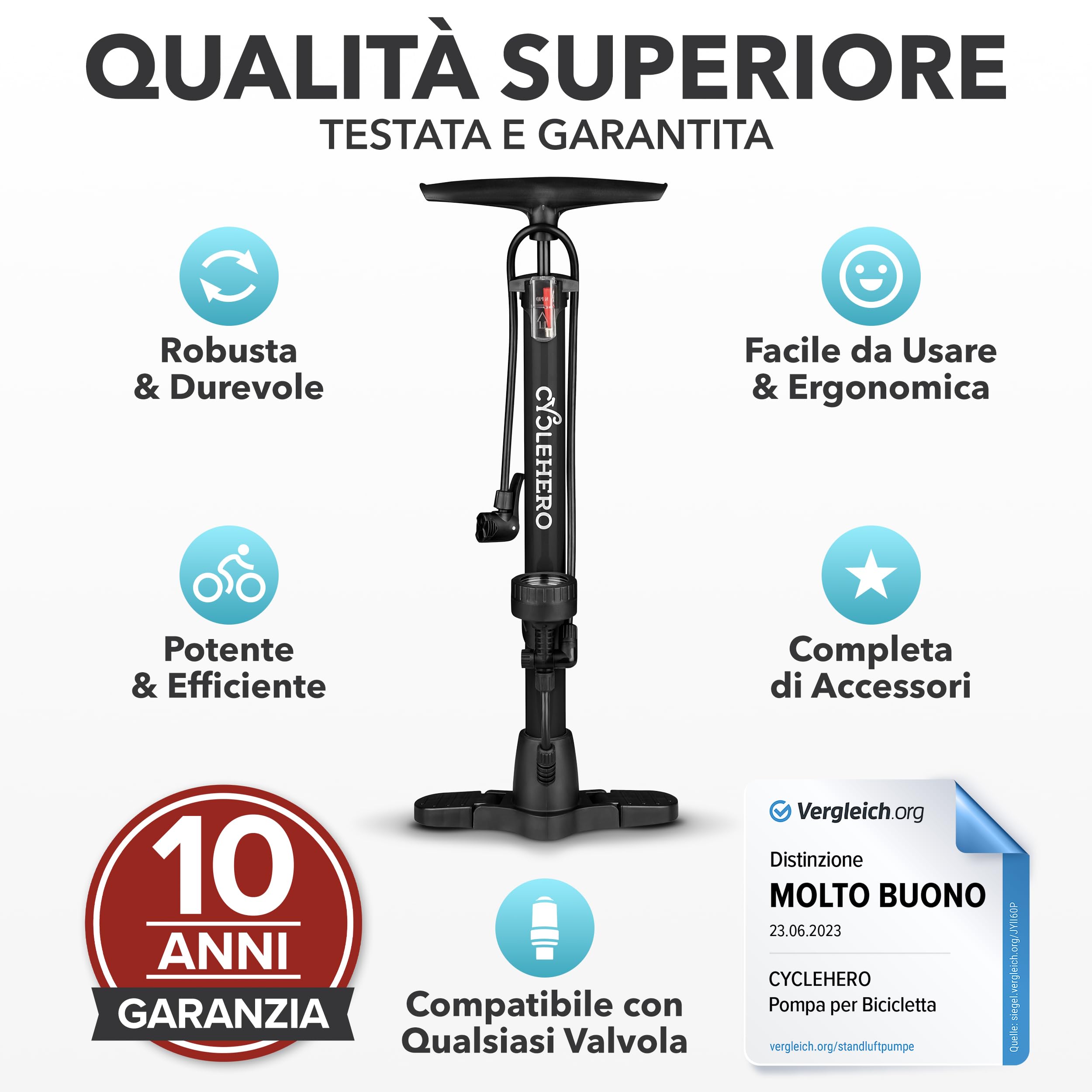 Pompa per bicicletta tutte le valvole - TESTATO MOLTO BENE - GARANZIA DI 10 ANNI Potente pompa per bicicletta ad aria - con valvola francese - Pompa per bicicletta a pavimento con manometro