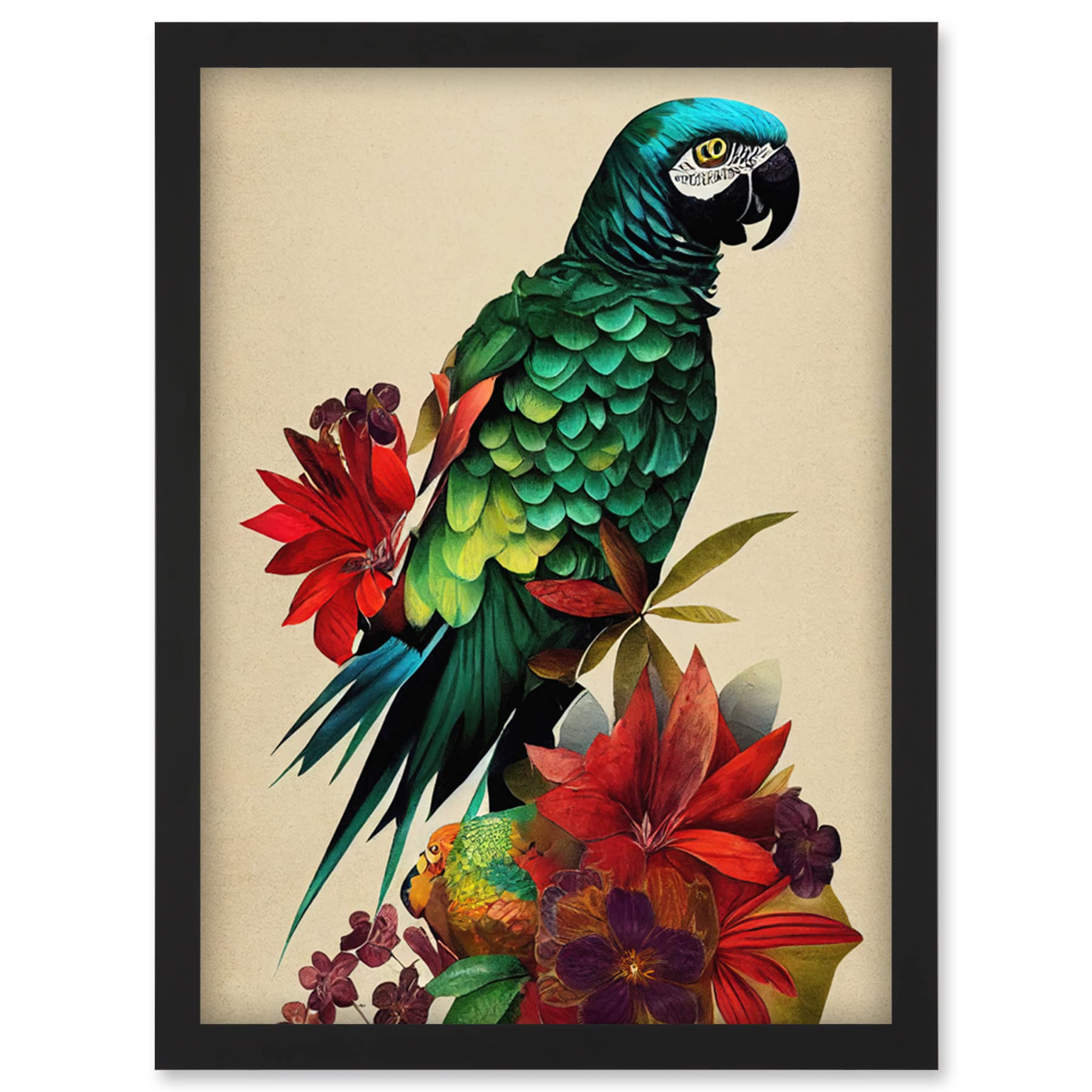 Doppelganger33 LTD Exotic Flowers And Feathers Macaw Parrot And Jungle Blooms Artwork Framed Wall Art Print A4