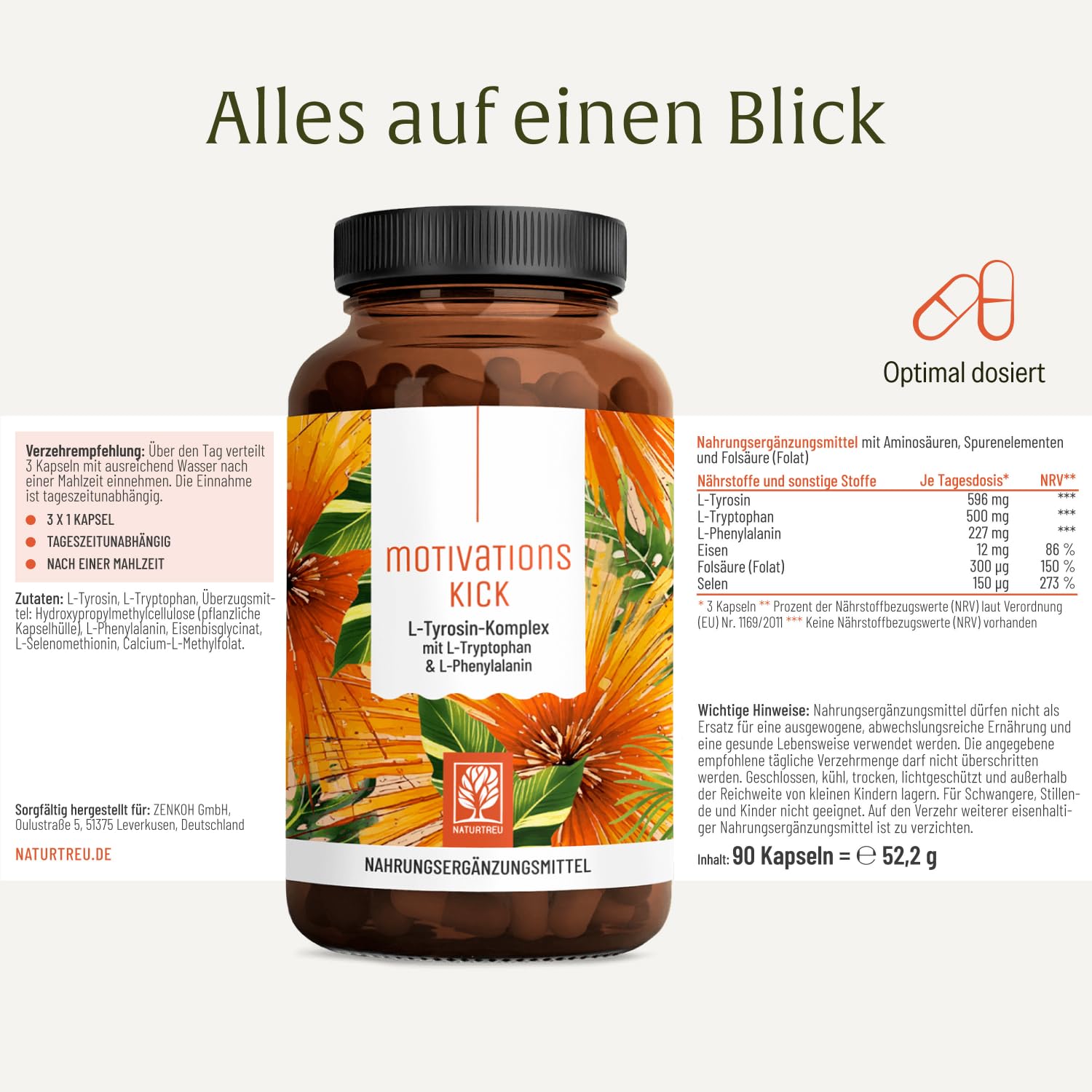 NATURTREU® Motivationskick - 500mg L-Tryptophan Kapseln | kombiniert mit L-Tyrosin & L-Phenylalanin - Vorteilsbundle 5er Paket - Vegan und in Deutschland produziert - Bausteinkomplex