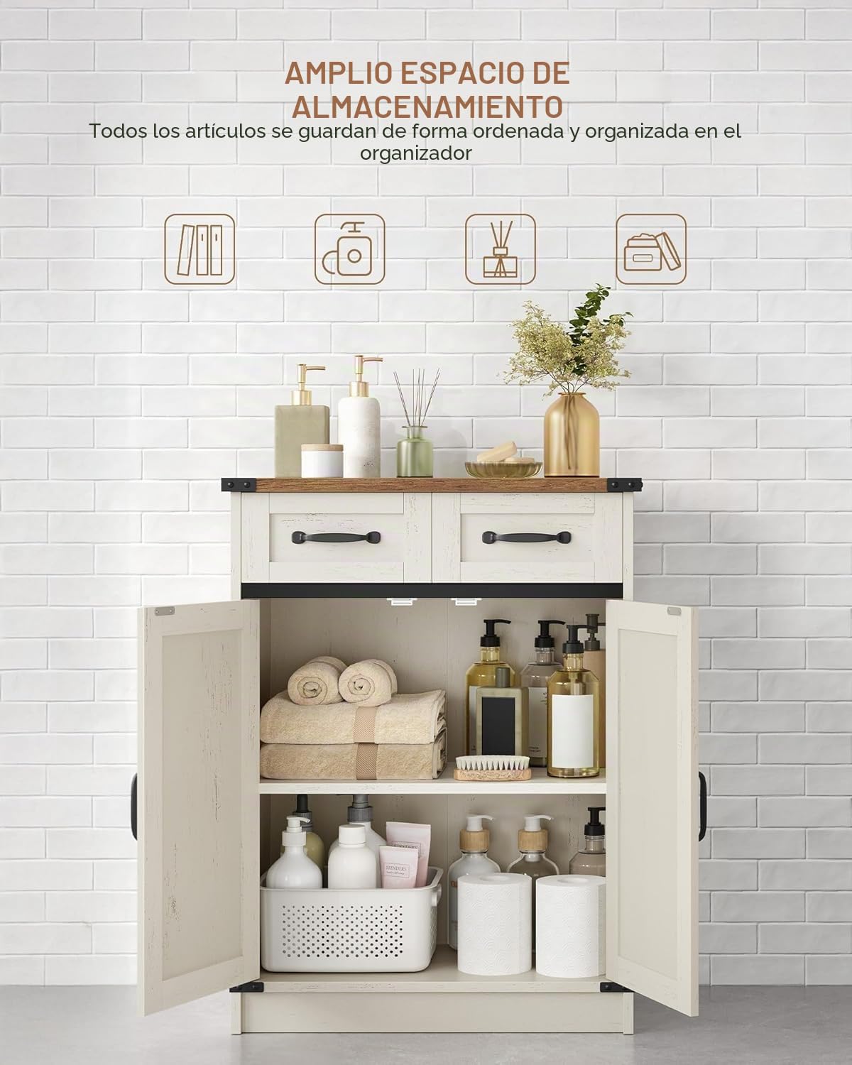 Hzuaneri Mueble Baño, Auxiliar Armario Baño con 2 Cajones, 2 Puerto, Estante Ajustable, para Sala de Estar, Cocina, Entrada, Blanco Rústico y Marrón Miel SC62414X