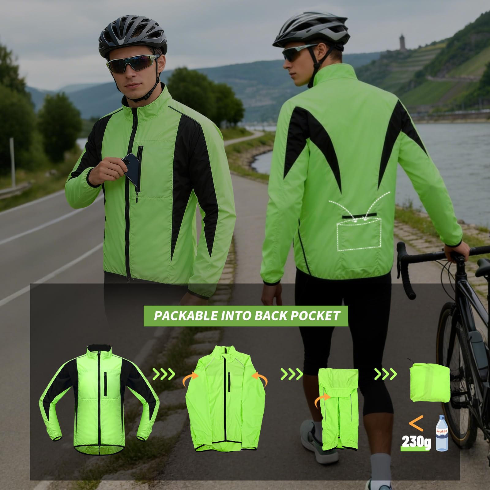 Kurtka rowerowa dla mężczyzn i kobiet, wodoodporne kurtki do biegania, oddychająca kurtka MTB, lekka, outdoorowa, oddychająca koszulka z kieszenią, płaszcz o wysokiej widoczności, kurtka