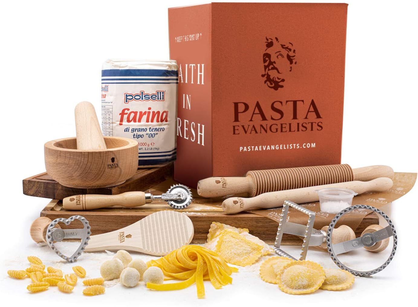 Pasta Making Kit - Pasta Evangelists - Expert Pasta Maker - Fresh Italian Artisan Pasta - 10 Piece Set - 00 Flour and Instructions Included - Beechwood Pasta Roller and Tools - Authentic Ingredients
