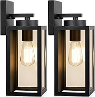 Modern Matte Black Outdoor Wall Light Fixtures - Waterproof Porch Sconces with Glass Shades, E26 Sockets, 2-Pack for Patio Garage Entryway