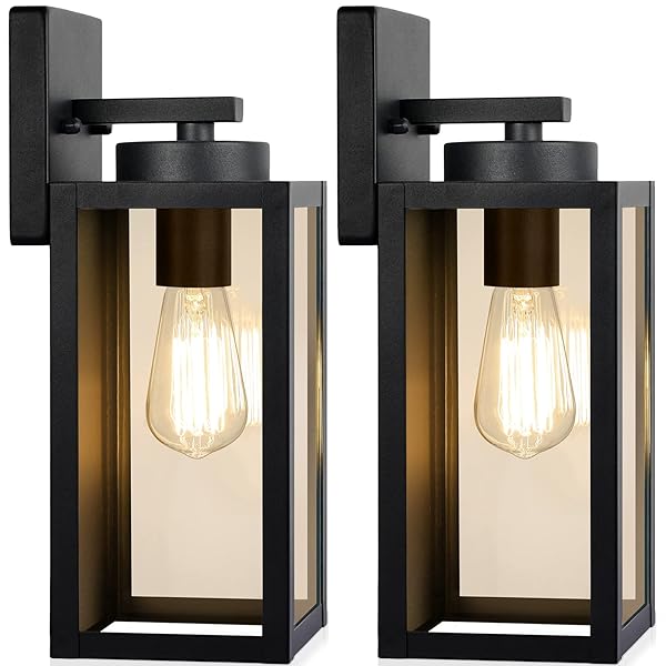 Outdoor Wall Light Fixtures, Exterior Waterproof Wall Lanterns, Porch Sconces Lighting with E26 Sockets & Glass Shades, Modern Matte Black Outside Lights for Patio Front Door Entryway Garage, 2-Pack