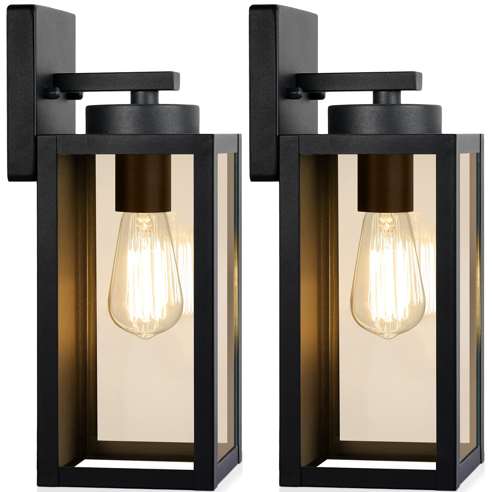 Outdoor Wall Light Fixtures, Exterior Waterproof Wall Lanterns, Porch Sconces Lighting with E26 Sockets & Glass Shades, Modern Matte Black Outside Lights for Patio Front Door Entryway Garage, 2-Pack