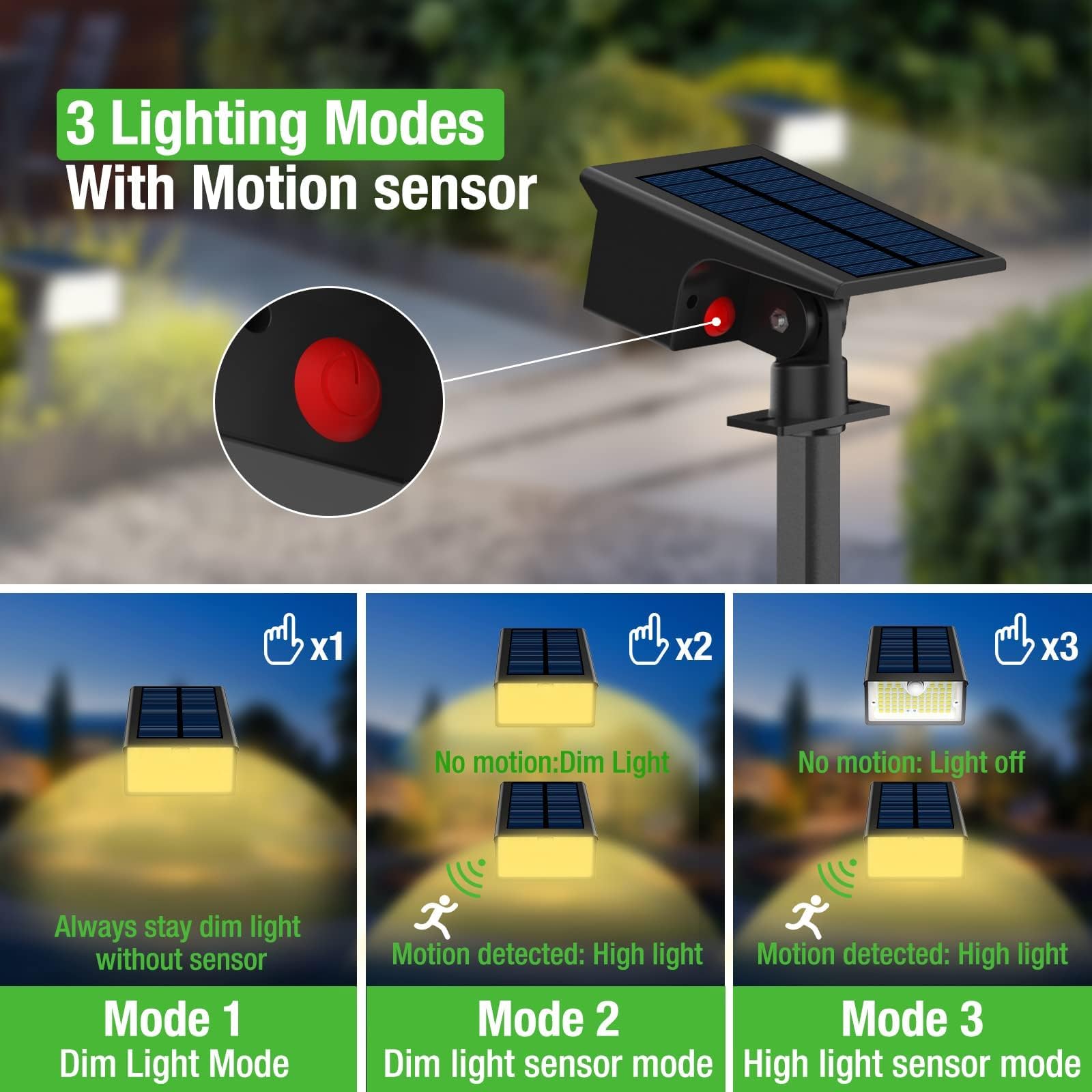 nipify 62LED-3 Modes Faretti Solari a LED da Esterno con Sensore di Movimento, 4 Pezzi Luci Lampade Solari da Giardino Potenti, IP65 Impermeabile Lampada Solare per Cortile, Vialetto, Bianco Caldo