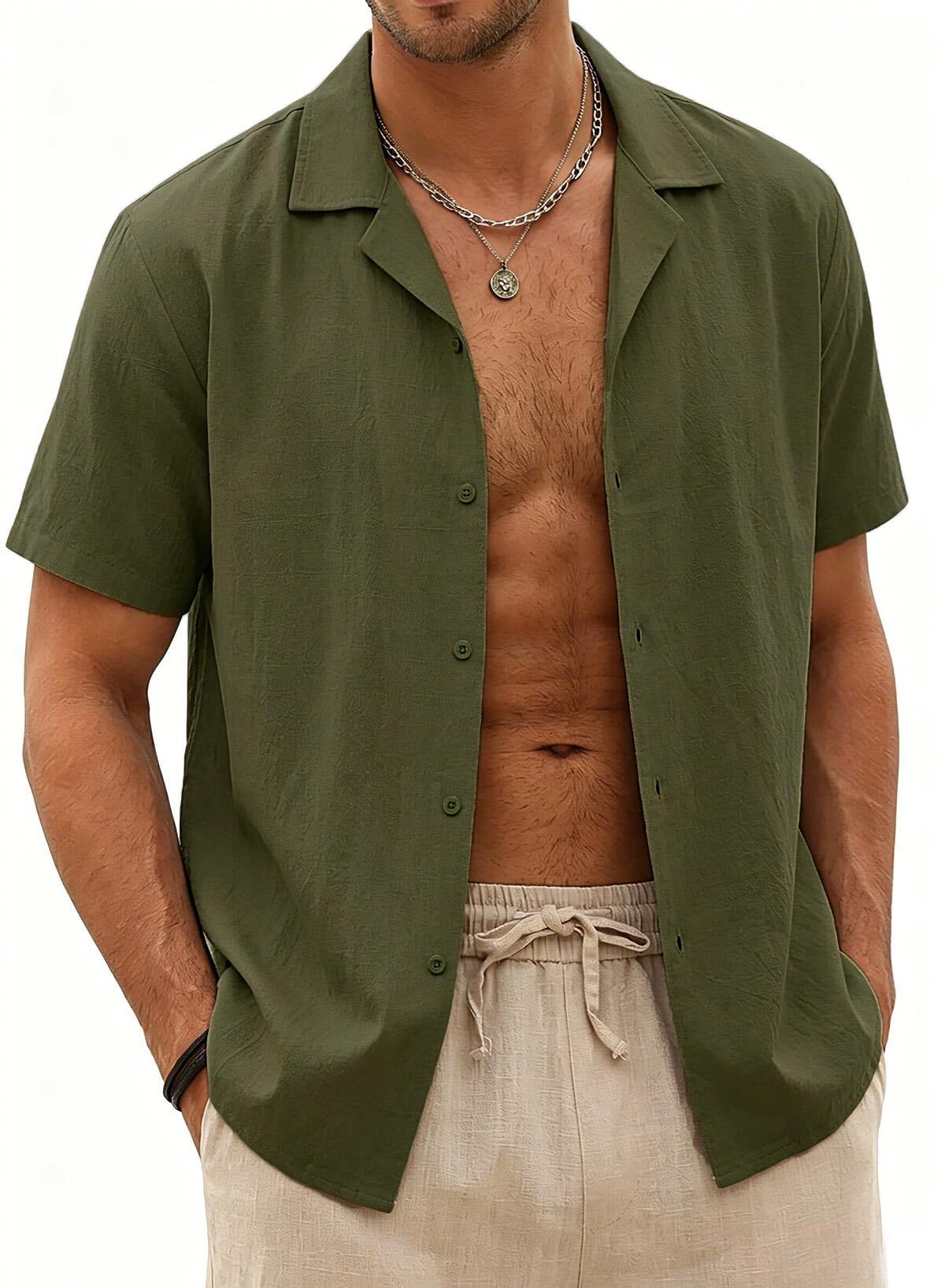 Halfword Camisa Lino Hombre Manga Corta Verano Casual Coton Botones Camisa Suelta Playa Boda Blanca Shirt