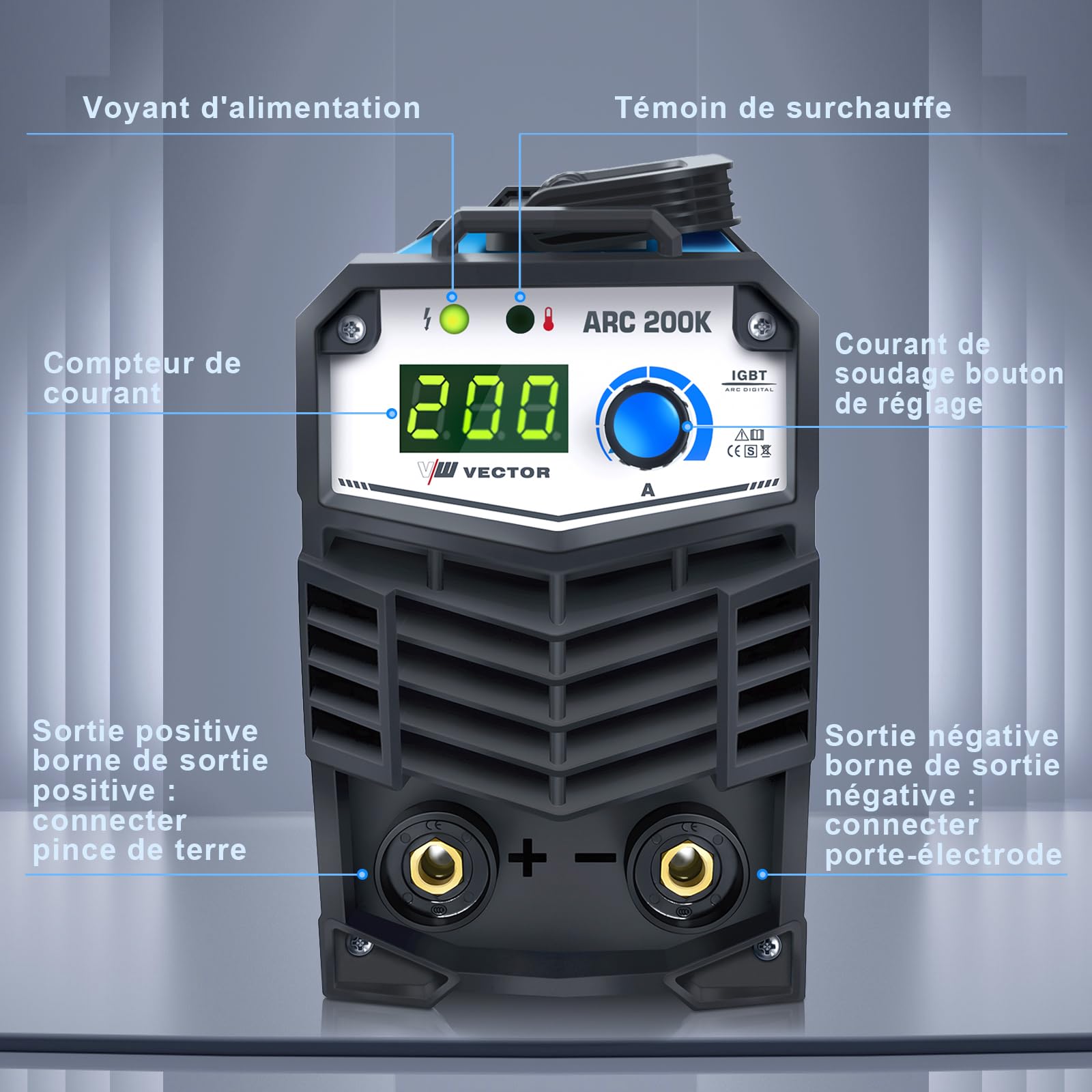 VECTOR Poste à Souder à l'Arc 200A Poste a Souder Inverter MMA Appareil de soudage à électrodes Soudure