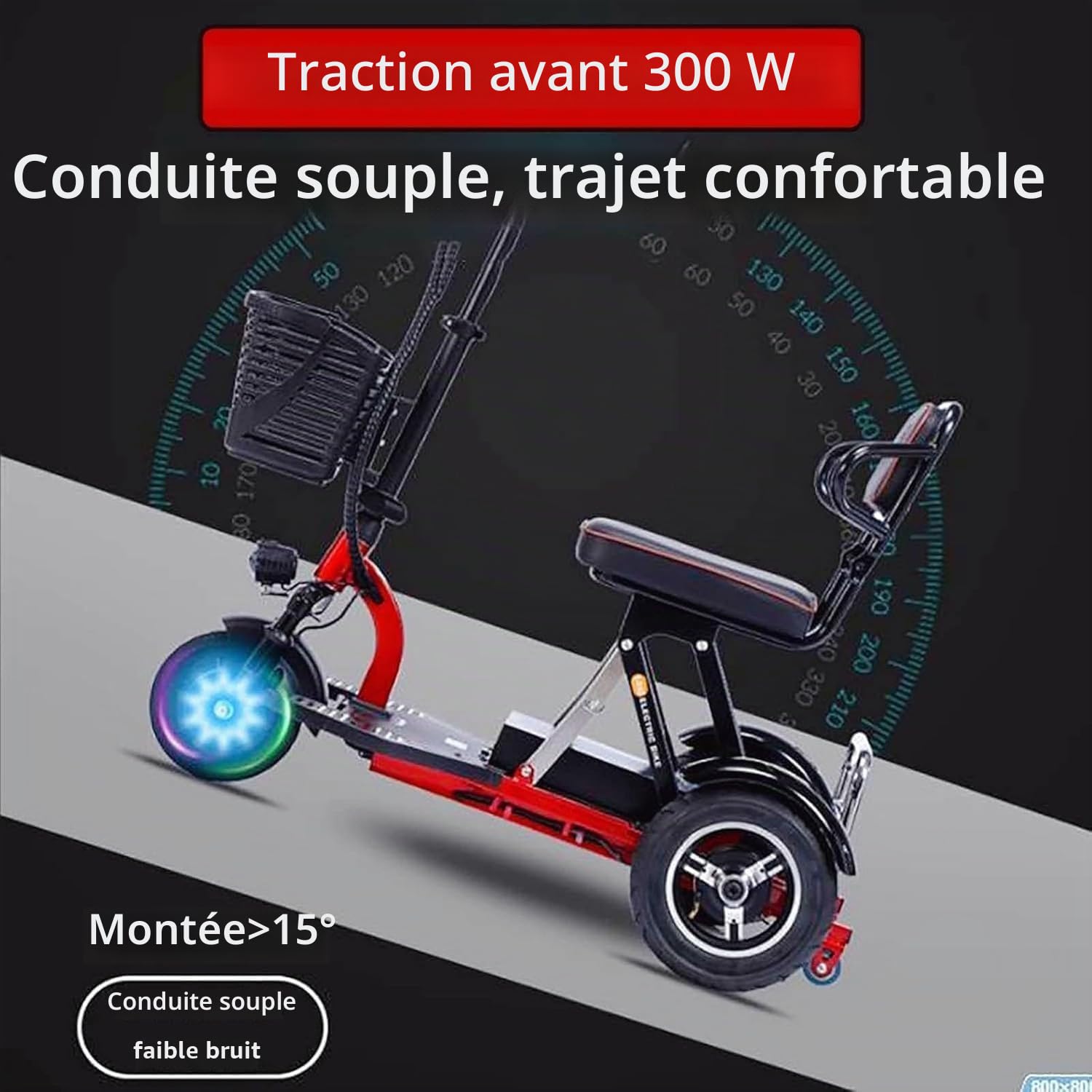 Scooter de mobilité à 3 Roues Pliable avec siège Confortable avec Phares LED et Panier Léger Pliable pour Adultes Personnes âgées handicapées