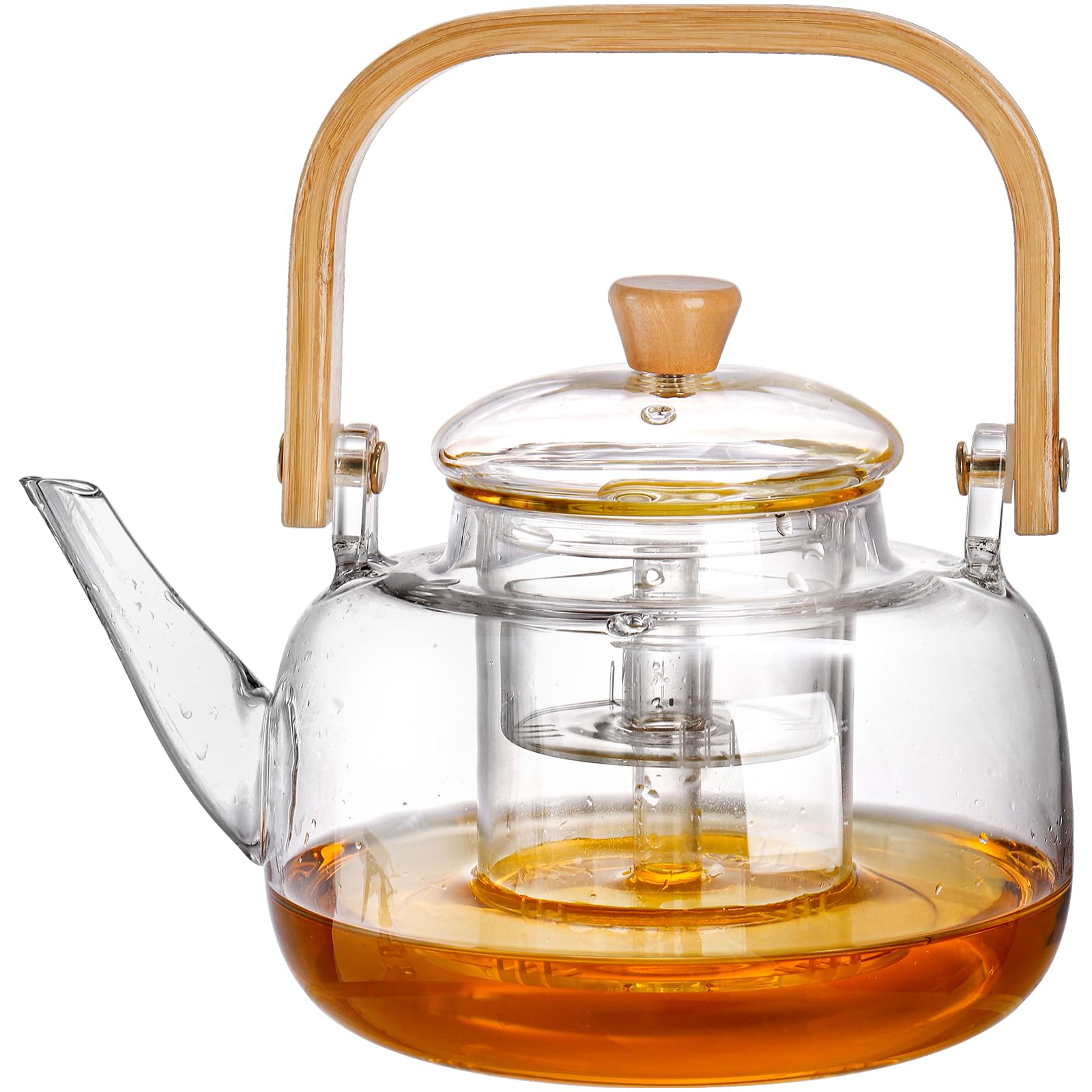 Yarlung 34oz/1000ml Glass Teapot Stovetop Safe, Borosilicate Glass Tea Kettle with Removable Infuser and Bamboo Handle for Loose Leaf Tea and Fruit Tea, Heat Resistant, Clear