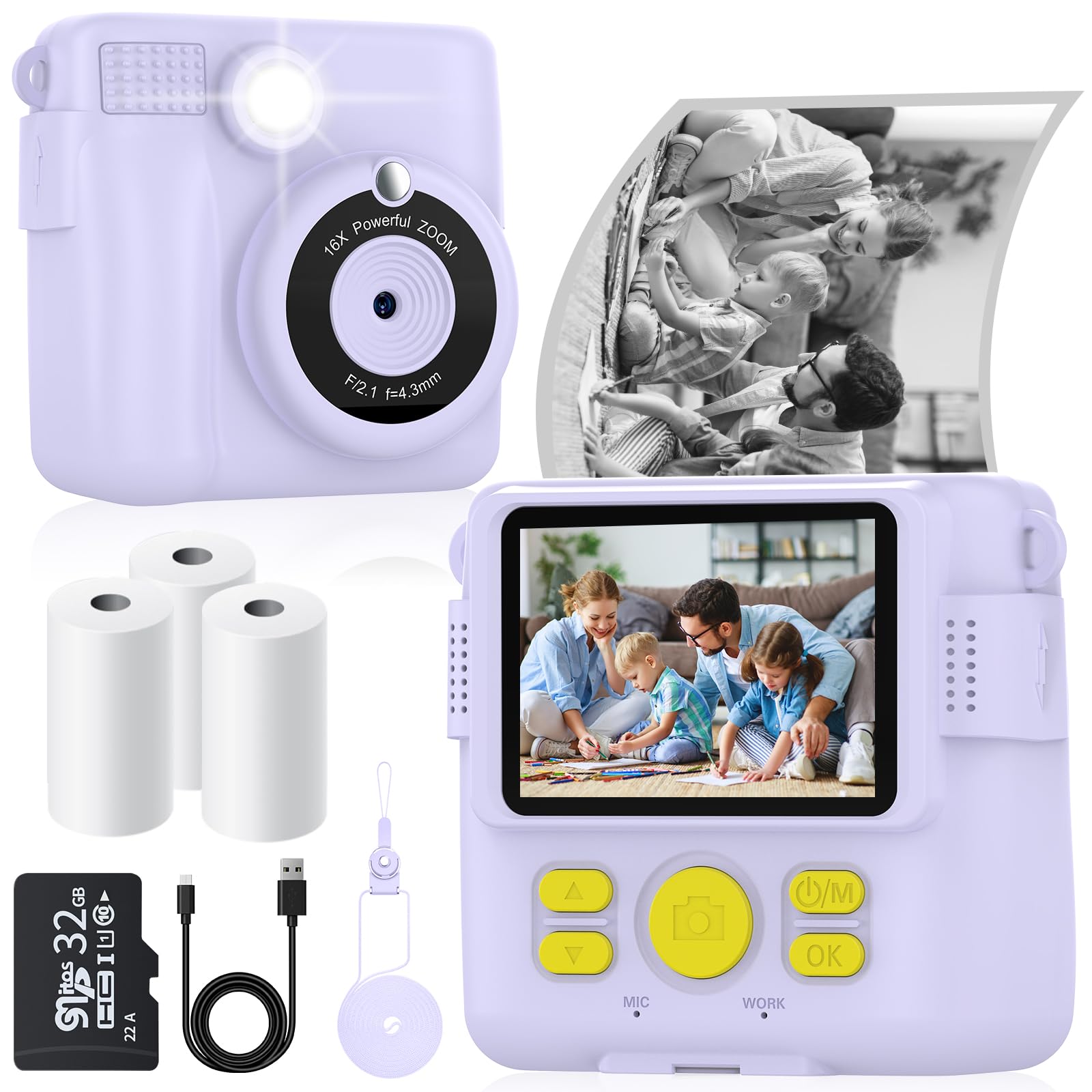 Instant Print Camera for Kids with 3 Rolls of Printer Paper, 1080P Toddler Digital Camera Toys for Age 3-12 with 32GB SD Card, Christmas & Birthday