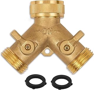 Divisor de torneira de conexão de mangueira de jardim de latão resistente (2 vias) - novo e aprimorado - divisor de saída, divisor de mangueira, adaptador de torneira de mangueira com 2 válvulas, mais 2 arruelas de borracha e fita