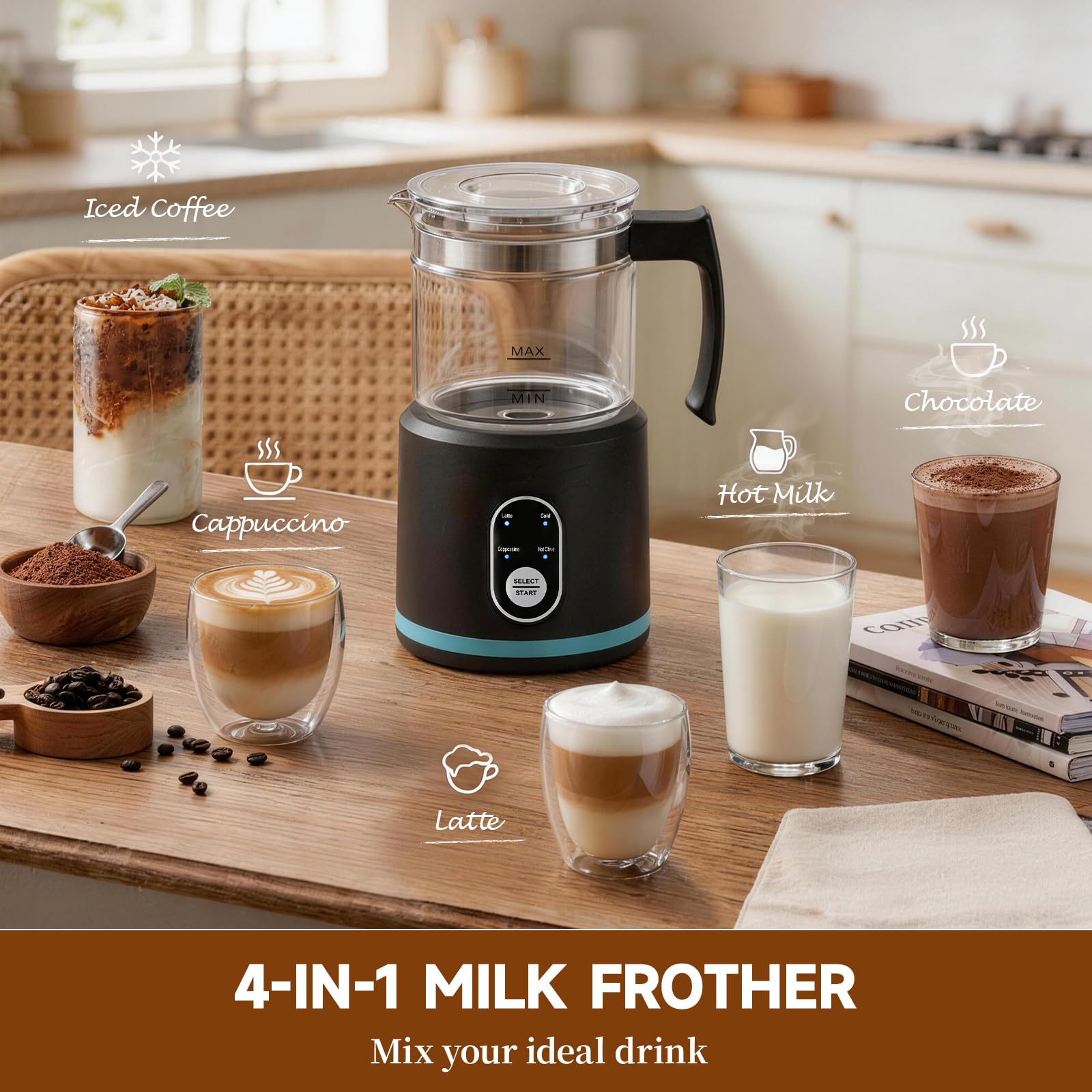 Espumador de Leche Eléctrico, Calentador de Leche 4 en 1 para Espuma Caliente y Fría, Silencio Apagado Automático Espumador Leche Electrico para Latte, Cappuccino, Chocolate Caliente