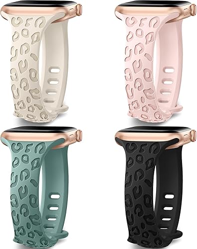 Paquete de 4 correas de leopardo grabadas compatibles con Apple Watch de 1.496 pulgadas, 1.575 pulgadas, 1.614 pulgadas, 1.732 pulgadas, 1.772