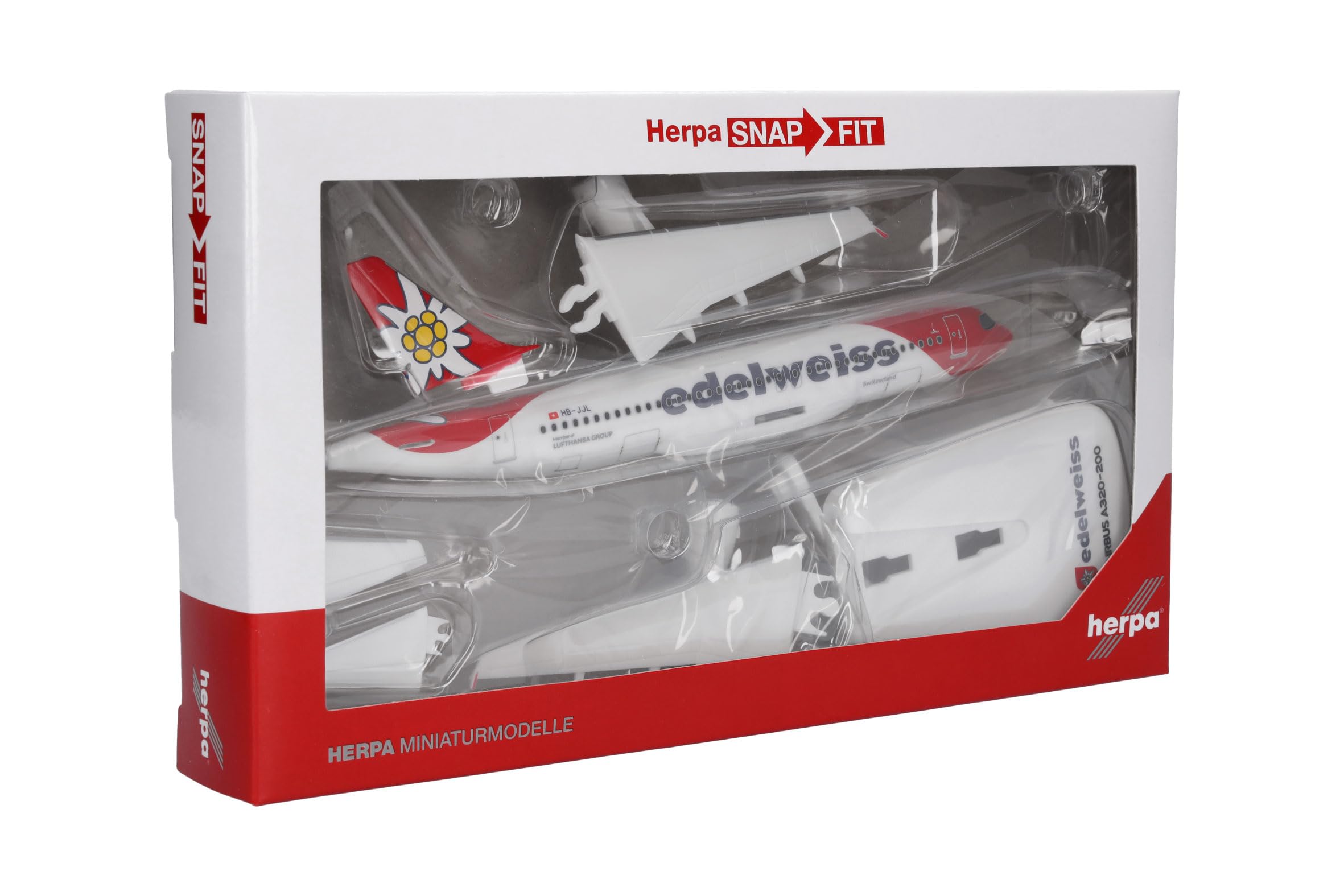 Herpa modèle Snap-Fit Avion Edelweiss Air Airbus A320 – Nouvelle livrée, Miniature à l’échelle 1:200, pièce de Collection, modèle avec Socle, Plastique