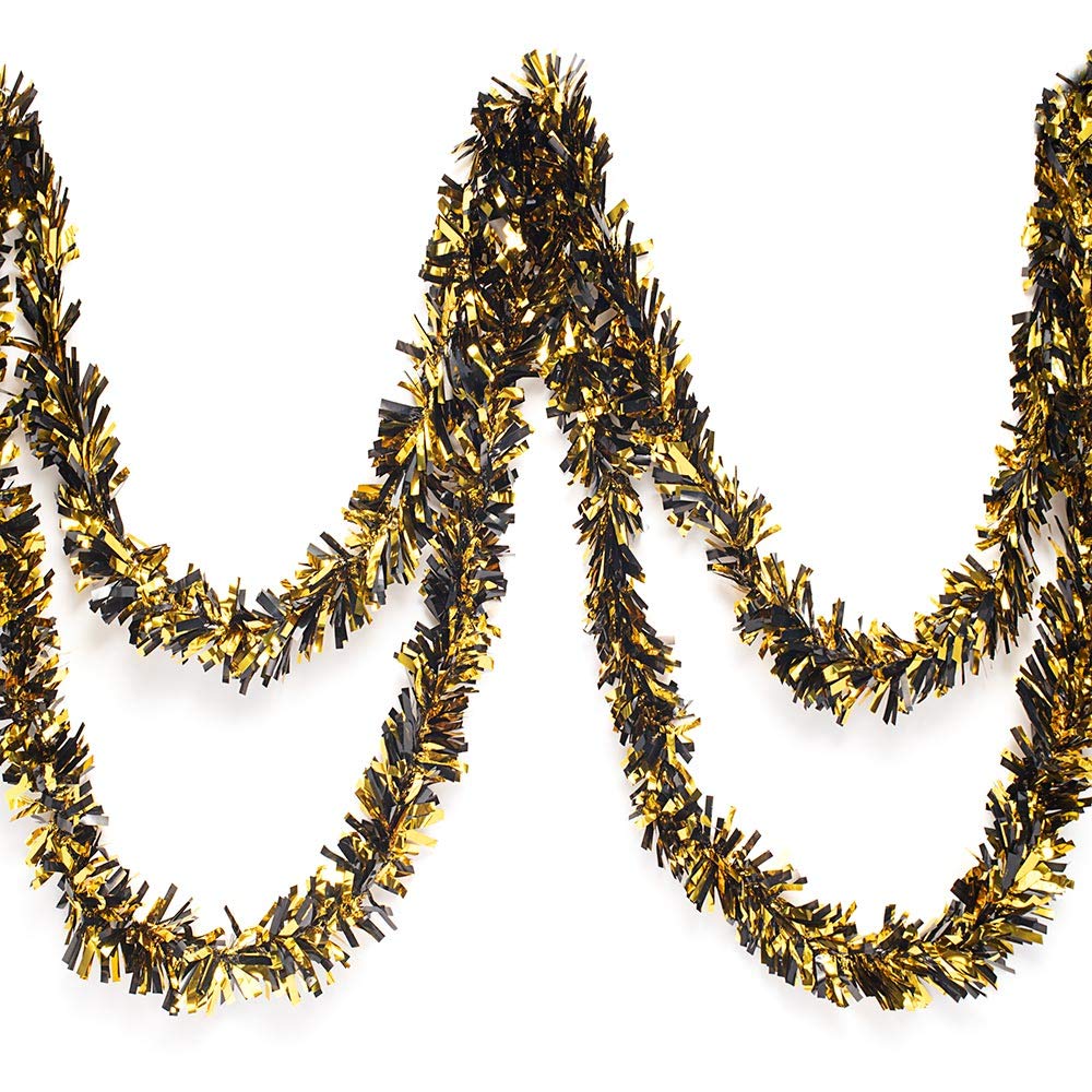Anderson's Black & Gold Metallic Tinsel Twist for Trailer Or Golf Cart, 4 inches Wide x 25 ft Long, Christmas, Birthday, Halloween, Graduation and Holiday Garland Decor for Parties and Parades