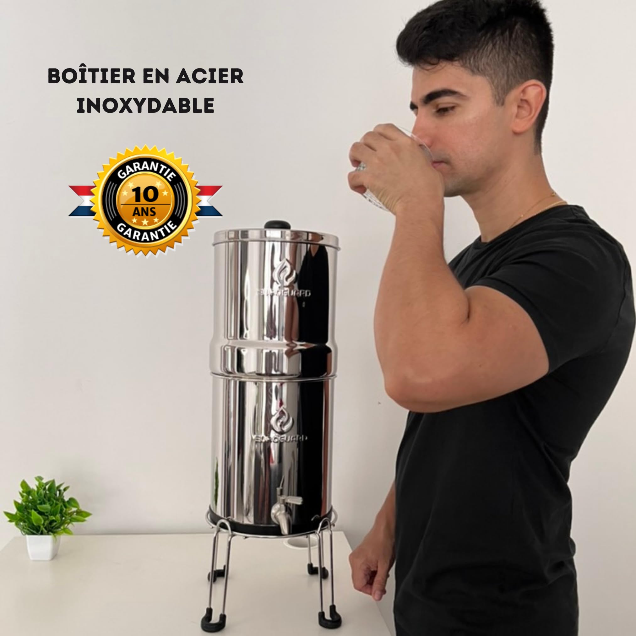 EUROGUARD® Filtre à gravité - Système de Filtration d'eau en Acier Inoxydable 304, 8,5 L, 2 filtres à Charbon Actif, Robinet 100% INOX avec Support en Acier Inoxydable