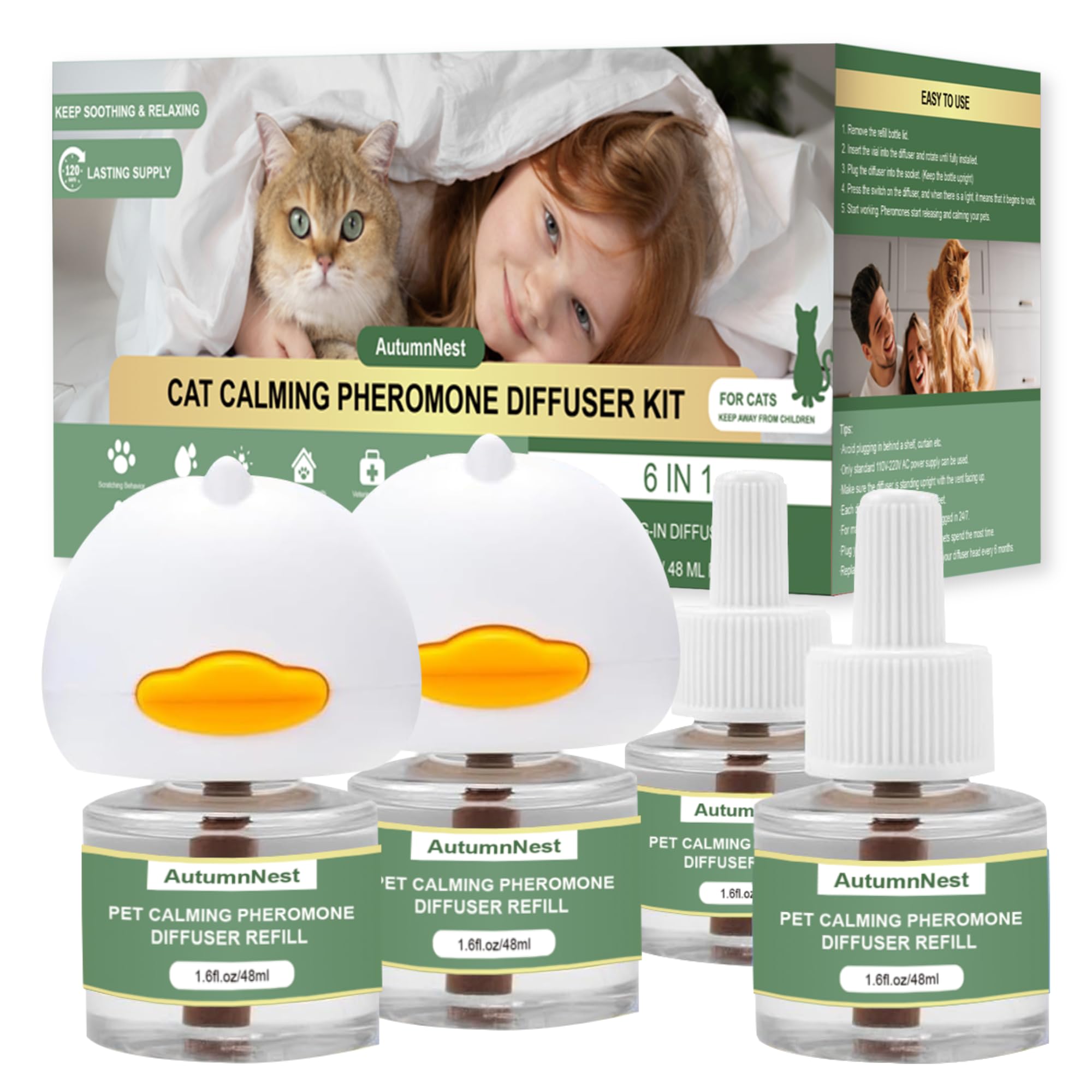 Cat Calming Pheromone Diffuser Set, Pet Calming Plug-in Kit (2 Diffusers + 4 Refills), Reduces Cat Stress, Aggression, Fighting, Marking, Meowing, Travel, Vet Visit Anxiety, 120 Days, Non-Toxic, Safe