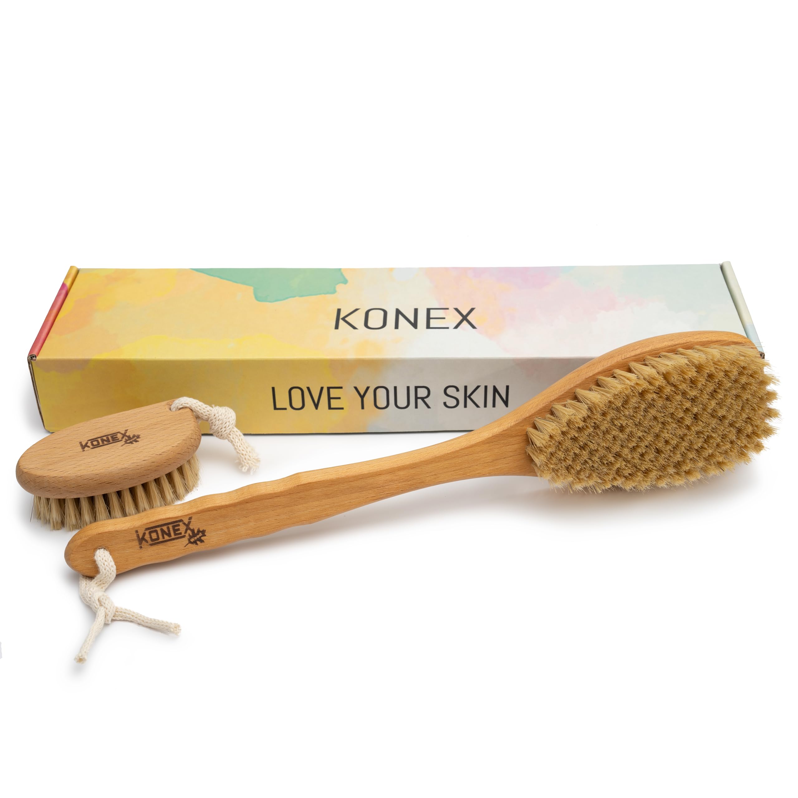 KONEX Bath Brush Set, Exfoliating Shower Scrubber, Dry Brushing Body Brush Set, Pore Opening, Beechwood Handle with Natural Bristle Large 15" Plus