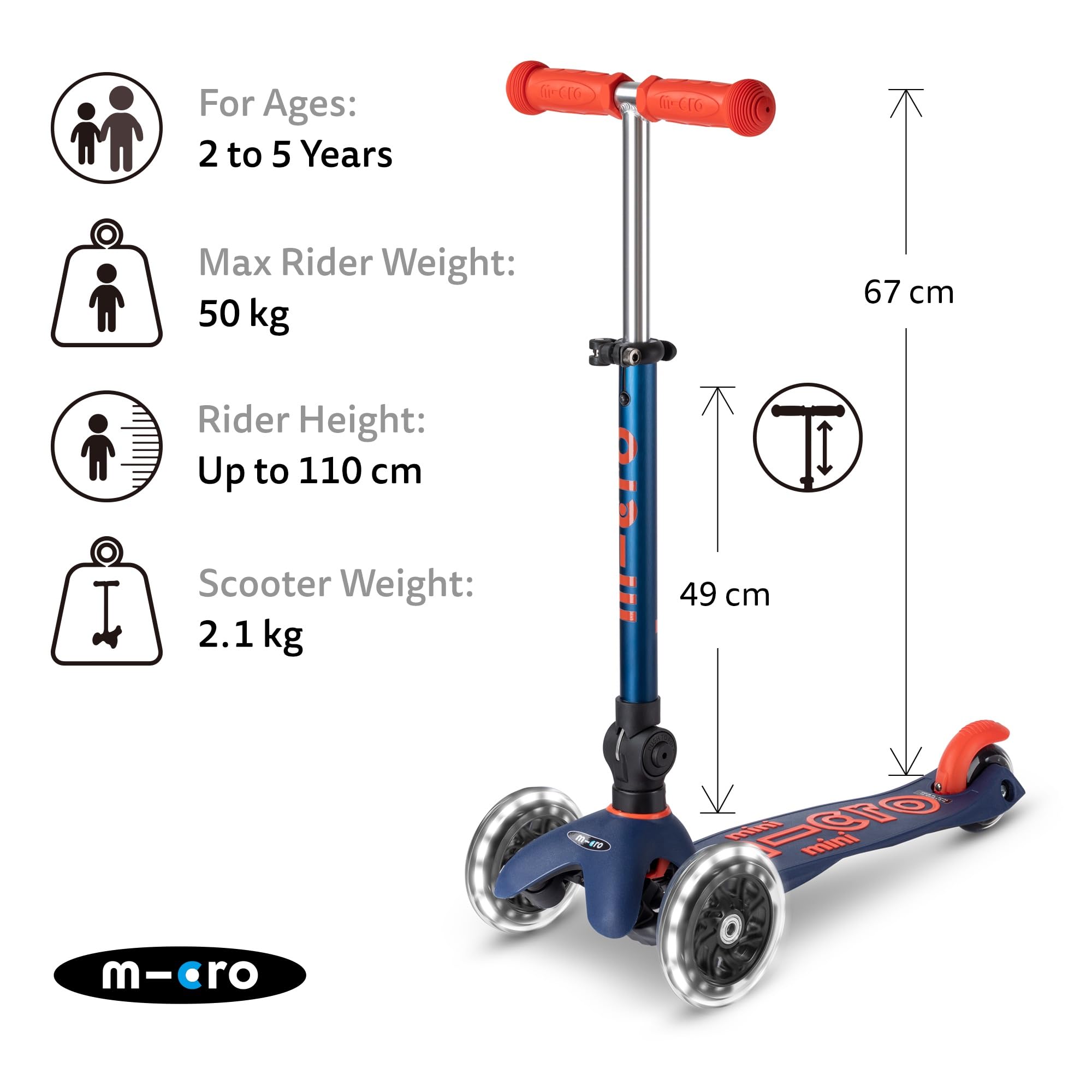 Mini Micro scooter Deluxe foldable LED navy blue