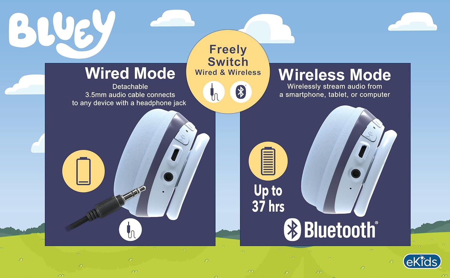 Diagram showing wired and wireless modes for eKids Bluey Bluetooth Headphones