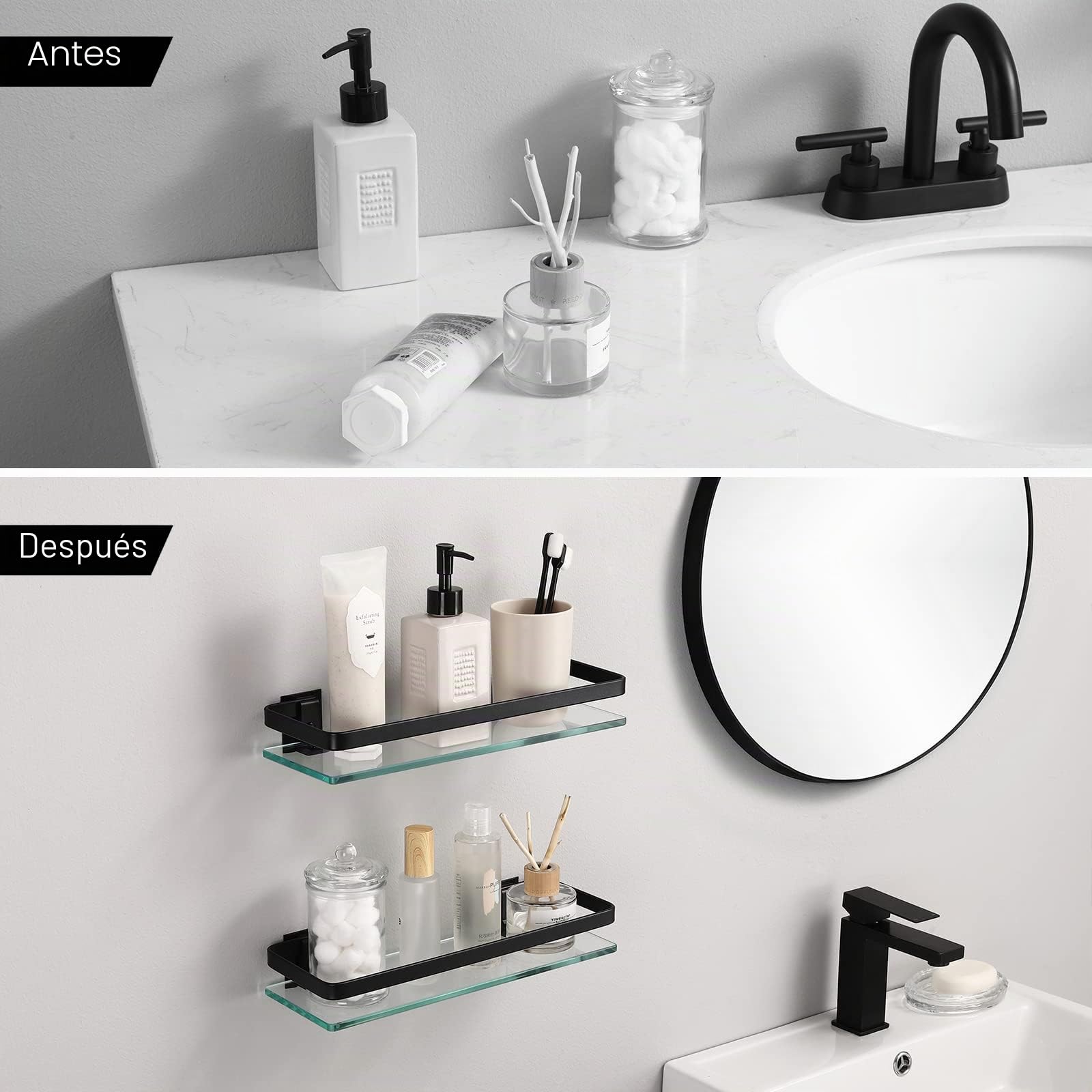 KES Estantería Baño Vidrio Templado 8mm Extra Gruesa Montado en la Pared Negra Aluminio Negro 2 Pieza